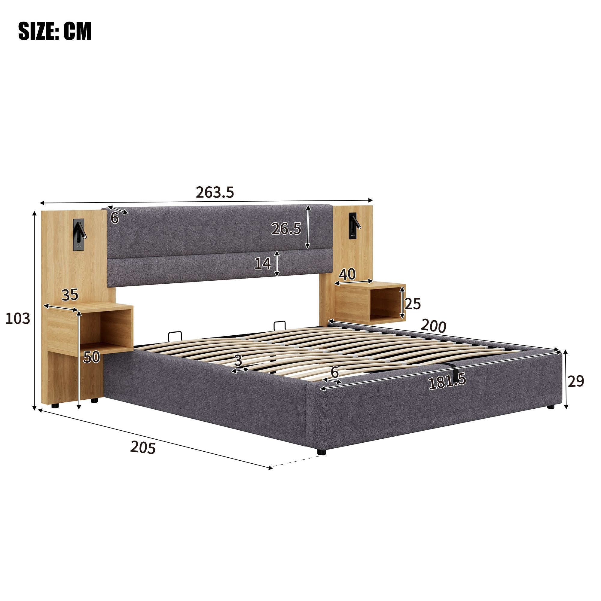 Upholstered Bed 180x200cm Hydraulic Storage USB LED 2 Bedside Tables - Velvet Grey/Natural