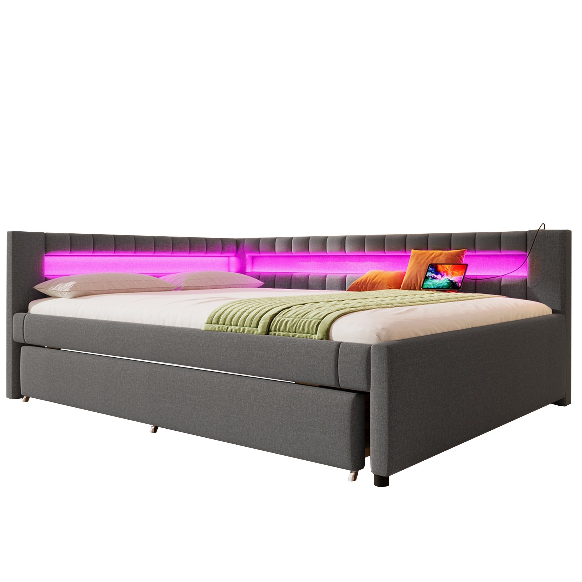 Daybed Sofa Bed 140x200cm Pull-out Bed LED USB/Type-C Linen Grey