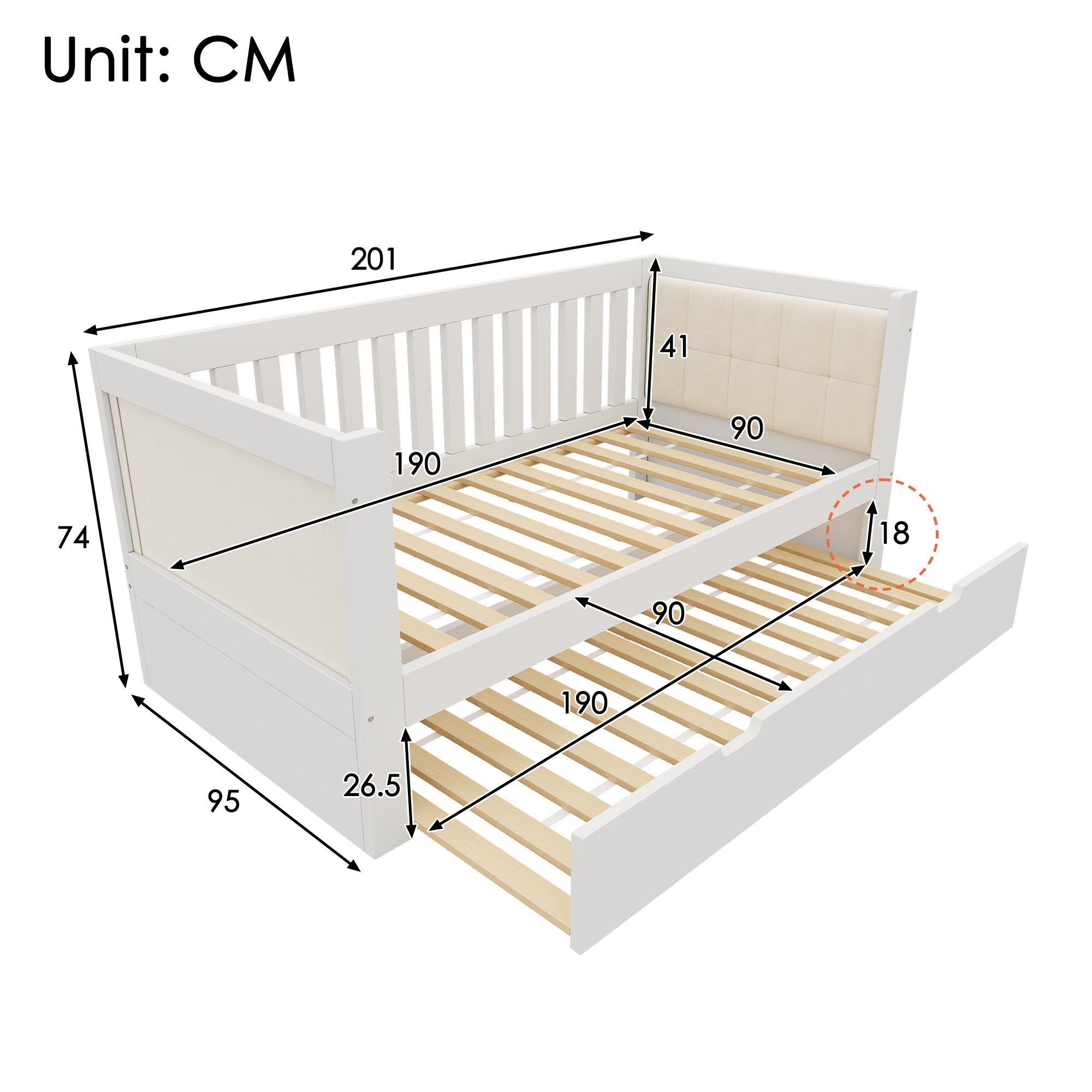 Daybed with Pull-out Bed, 90x190cm Space-Saving Design with Slatted Base, White Wood