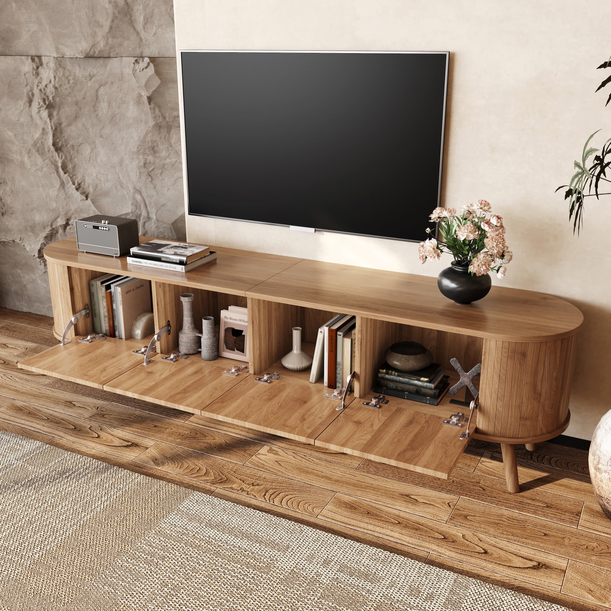 Modern TV Cabinet with 4 Doors and Gold Handles, Oak finish