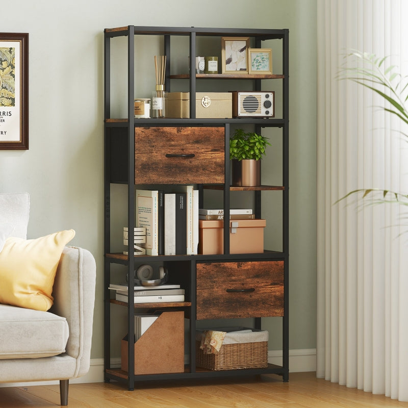 Storage Shelf 9 Open Compartments 2 Drawers Steel Frame - Brown/Black