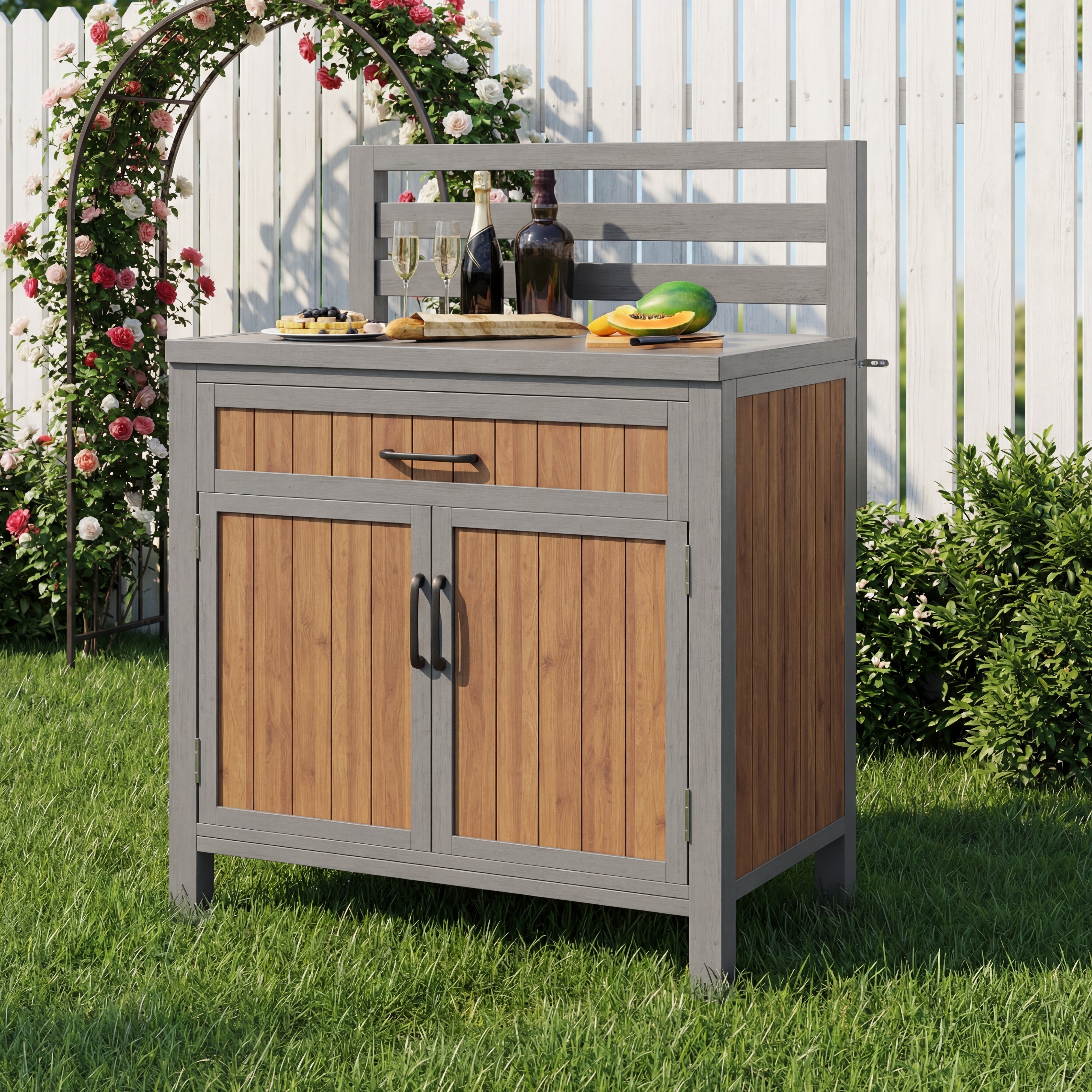 Wooden Garden Cabinet with Work Surface and Adjustable Shelves, Weatherproof Wood