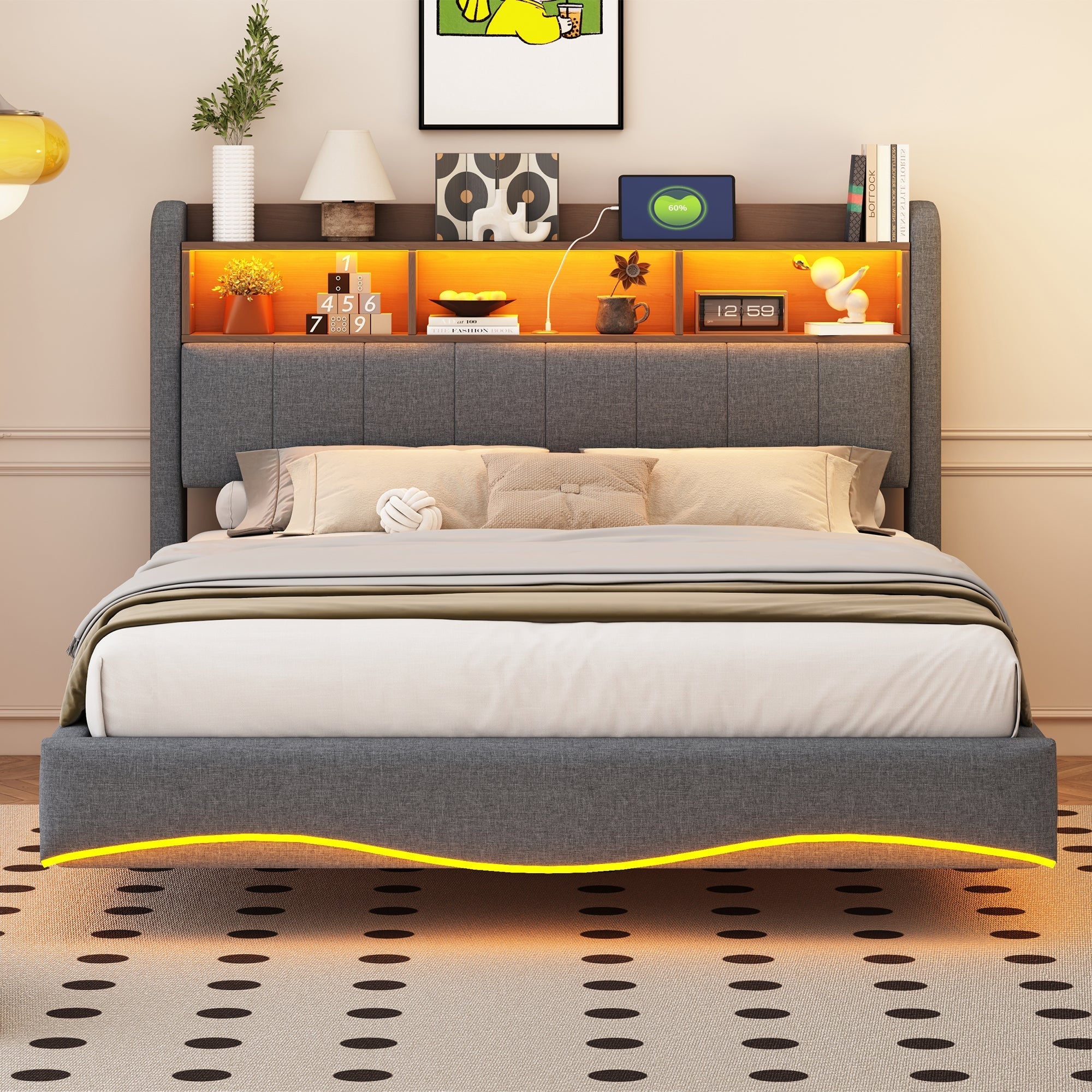 Upholstered Bed with LED Lighting, USB & Type-C Ports, and Headboard Storage, Grey