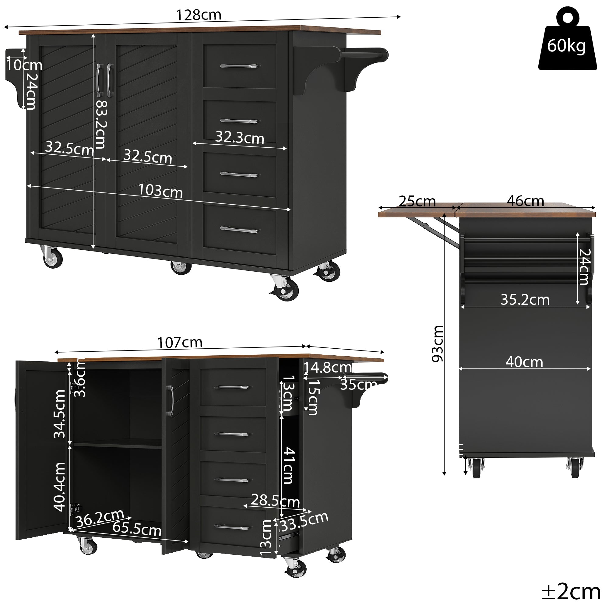 Kitchen Trolley Mobile Storage Striped Doors Towel/Spice Rack - Black