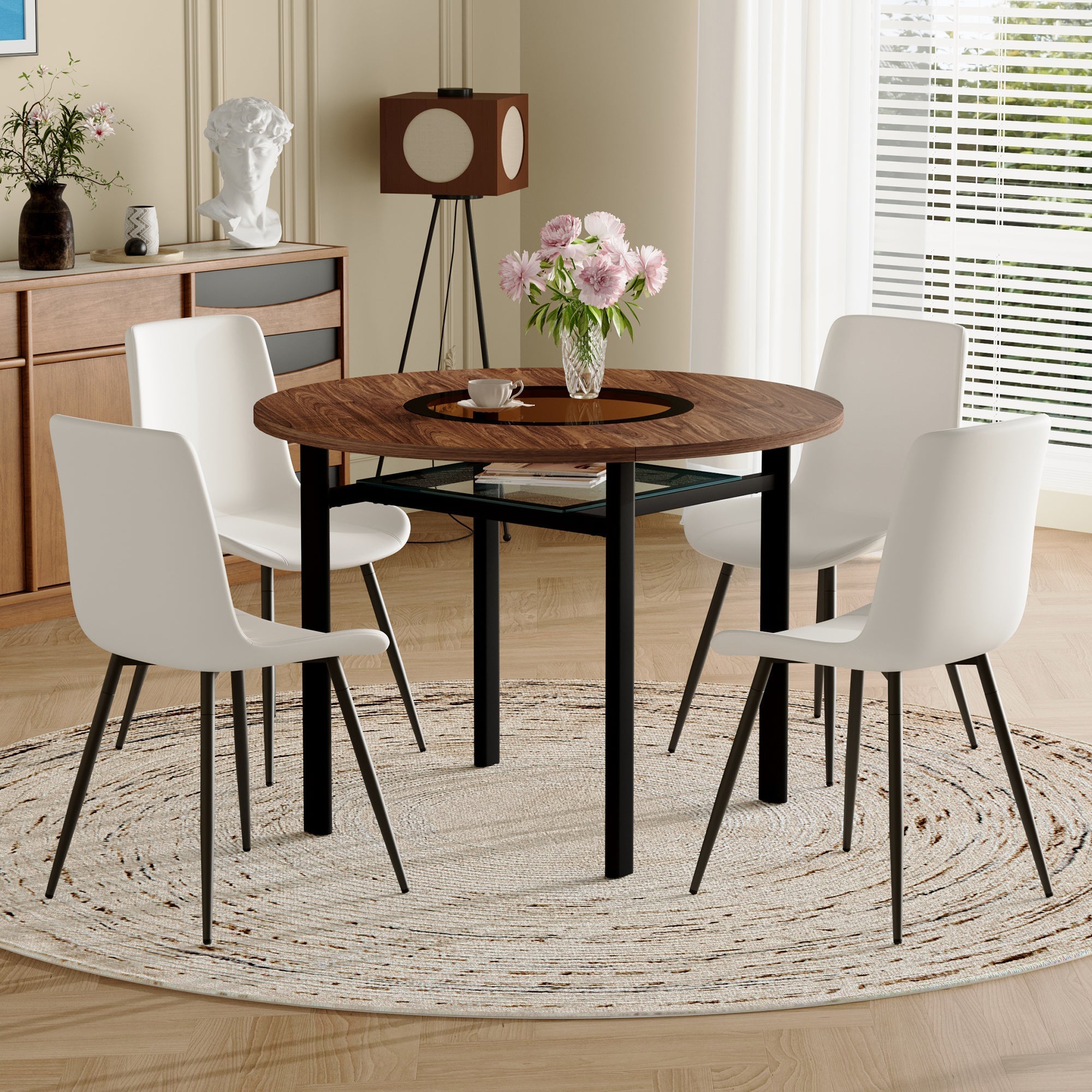 Modern Minimalist Round Table Set 100cm Storage 4 PU Chairs - Brown Wood/White