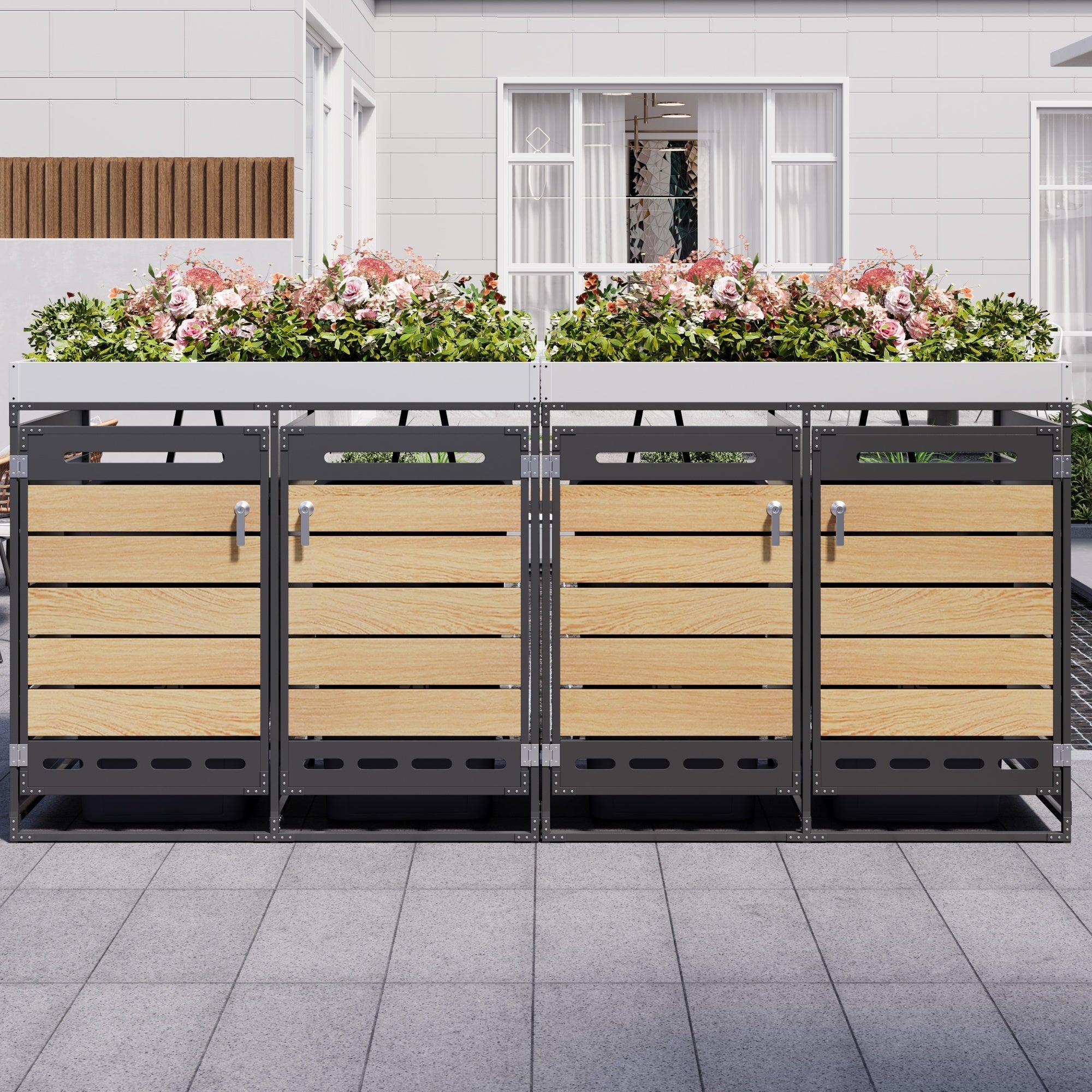 Bin Storage Unit with Planter Box, Slotted Ventilation and Lock, Iron with Wood-Look Slats