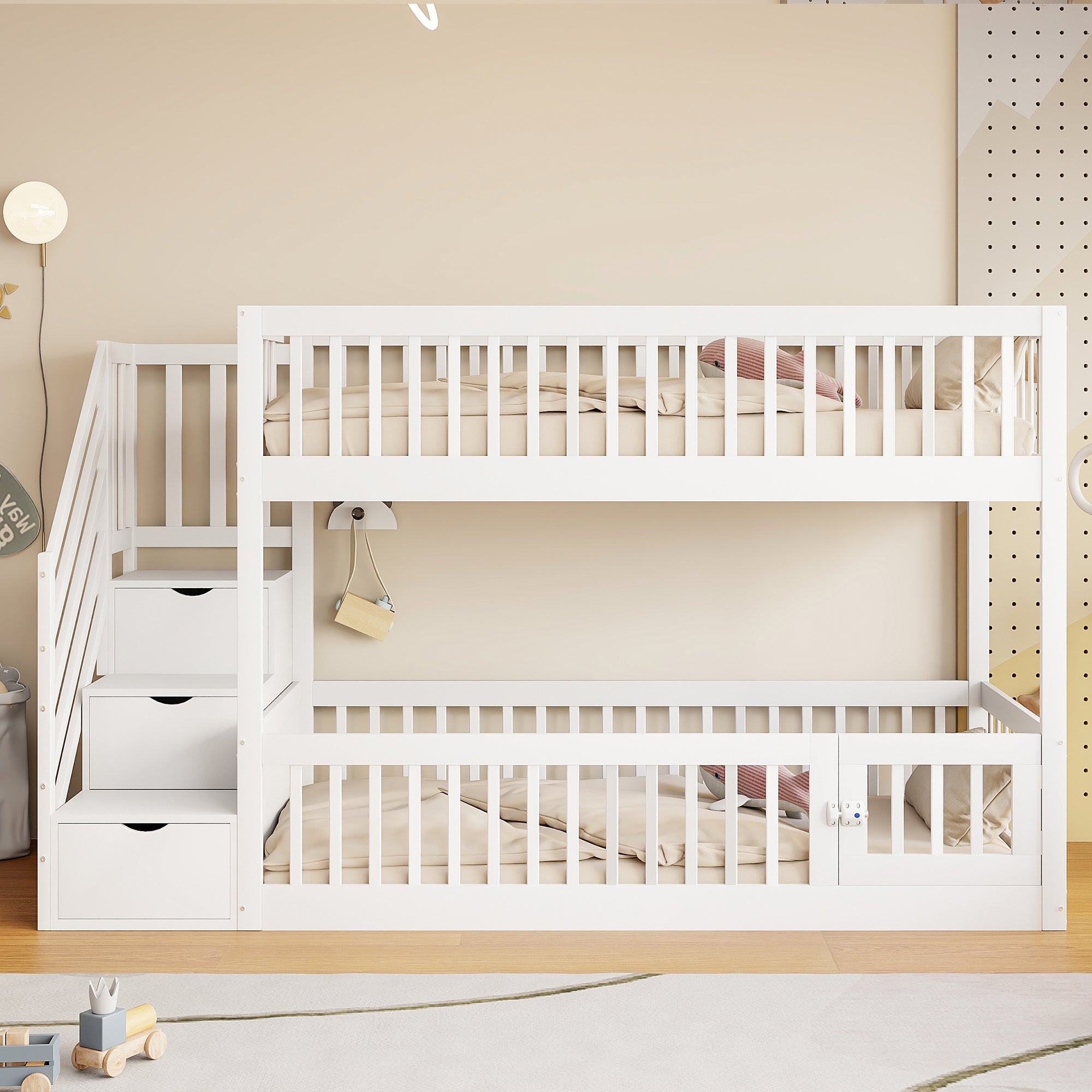 Bunk Bed 90x200 Safety Stairs Drawers Storage, White Wooden