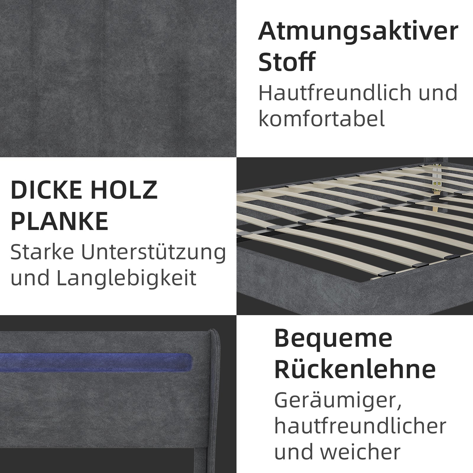 Upholstered Bed, Modern Minimalist LED Headboard, 160x200 cm, Grey