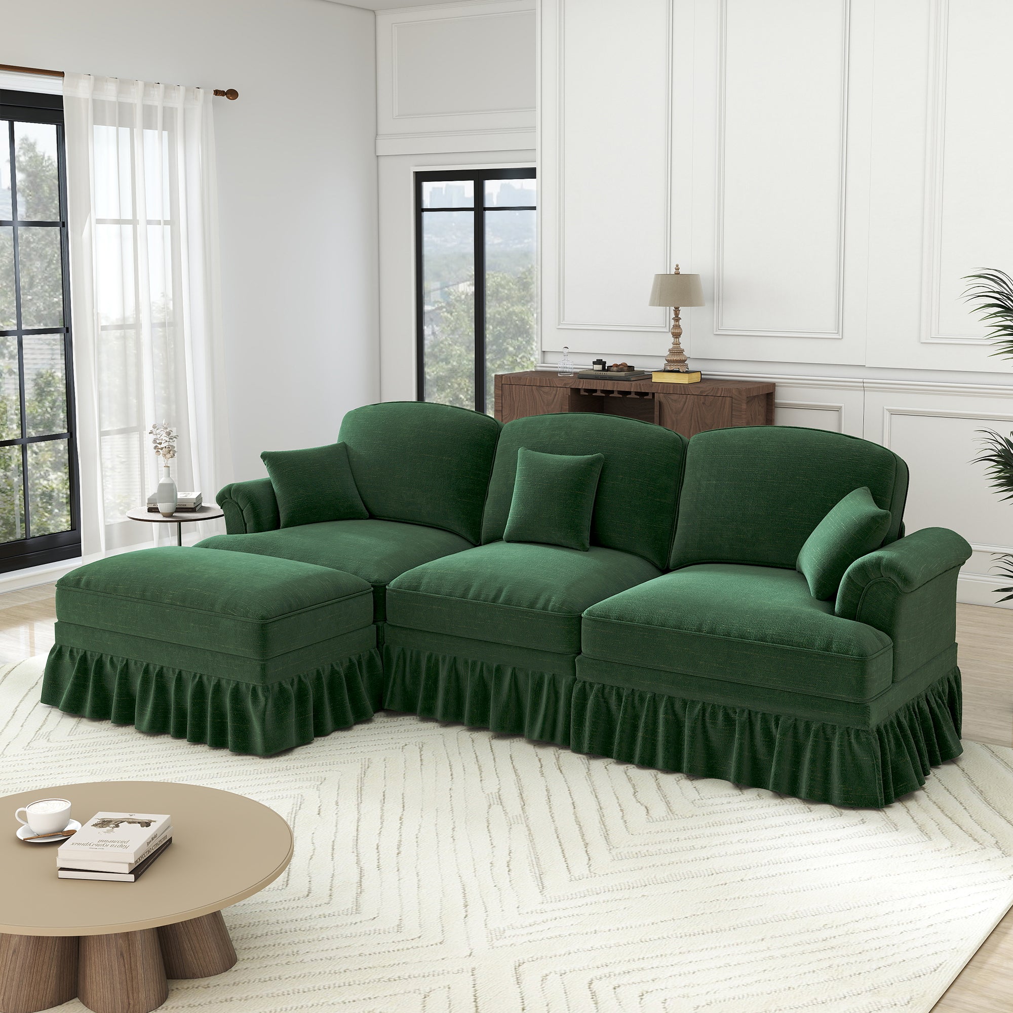 Modular L-Shaped Sofa Mid-Century 3-Seater Movable Ottoman - Green Chenille