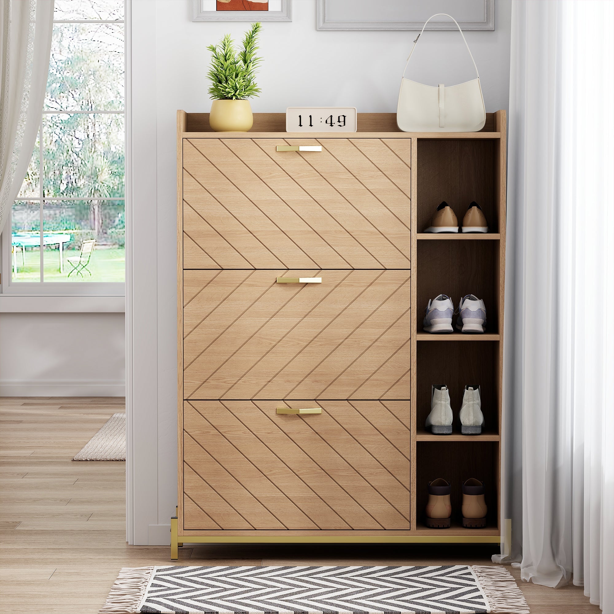 Nordic Style Shoe Cabinet with 3 Doors, Hinged Lid and Side Shelves, Oak Grain