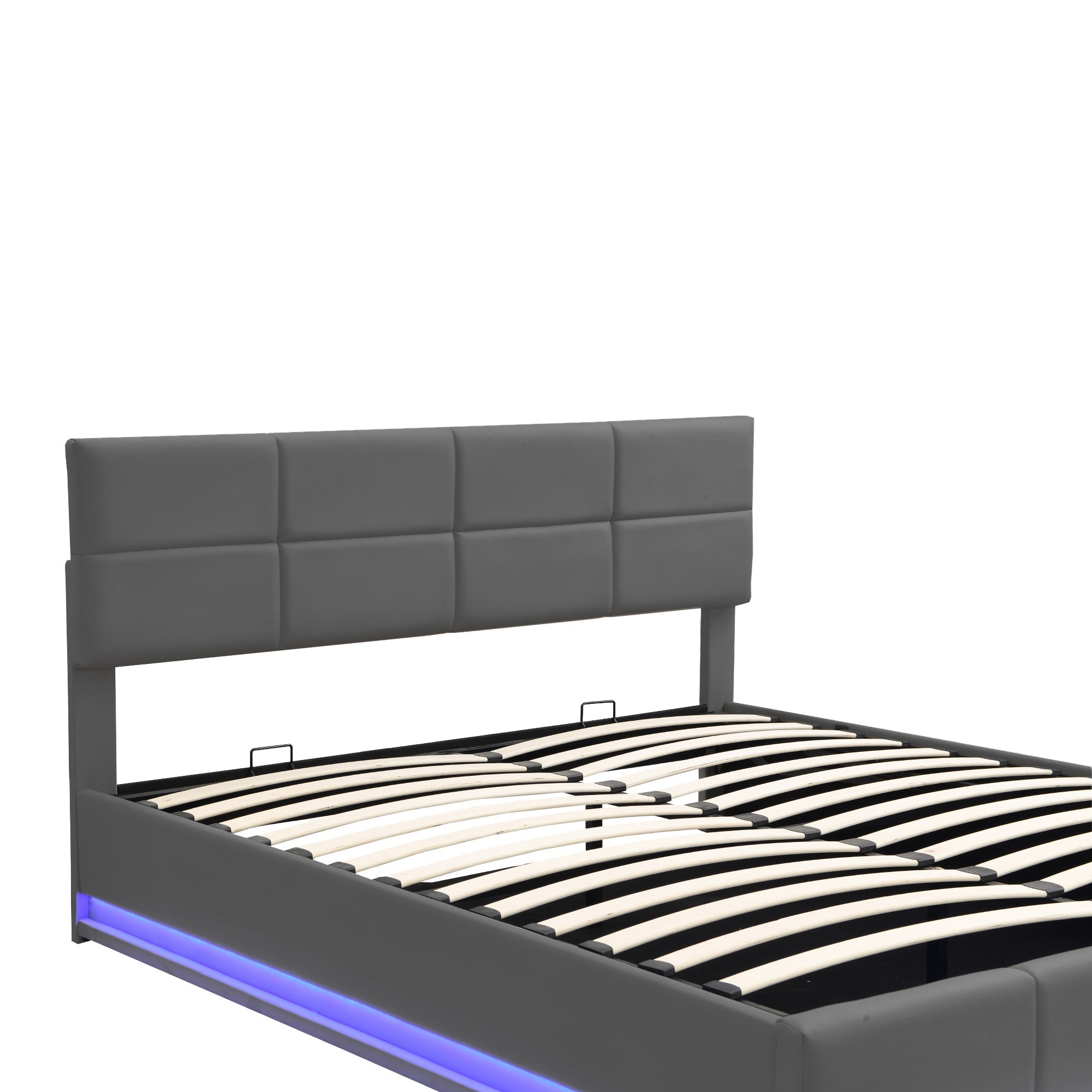 Faux Leather Bed with LED Lighting, Hydraulic Storage & Adjustable Headboard, Grey