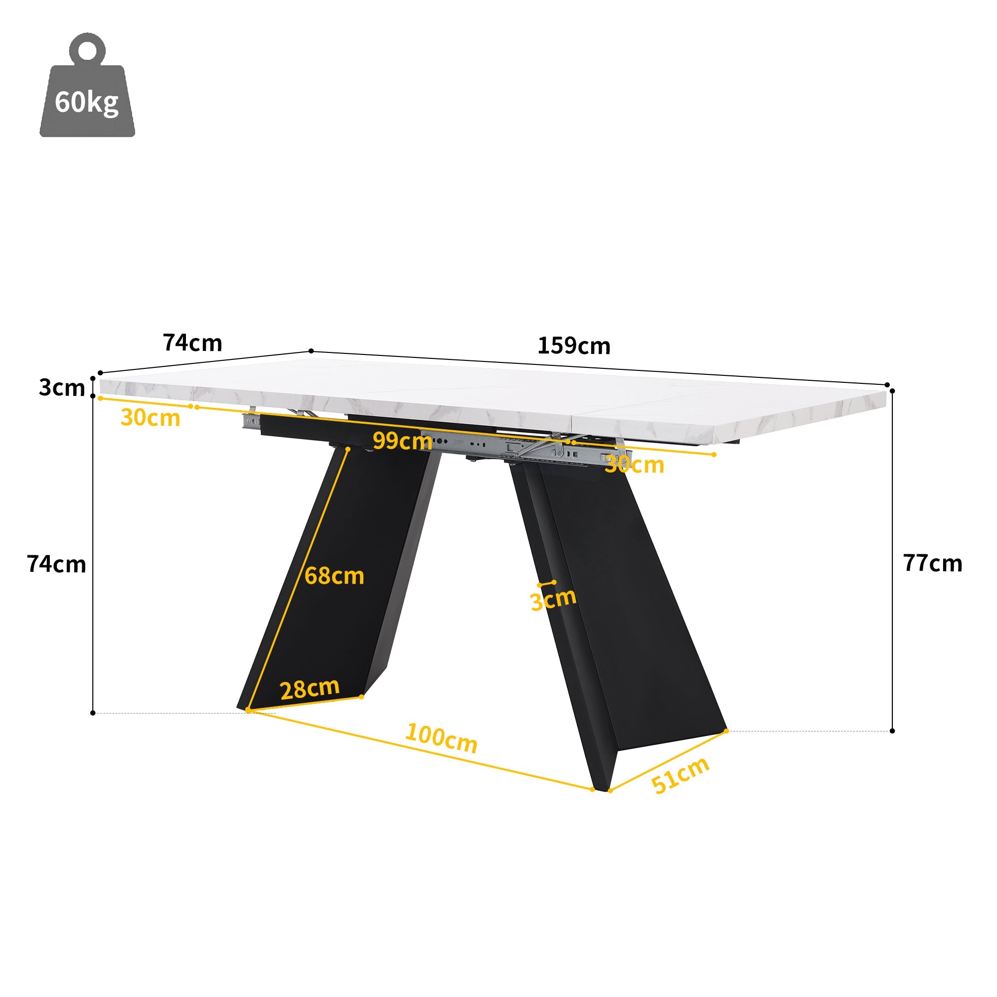 Telescopic Dining Table Extendable 99-159x74cm Flat Legs - White