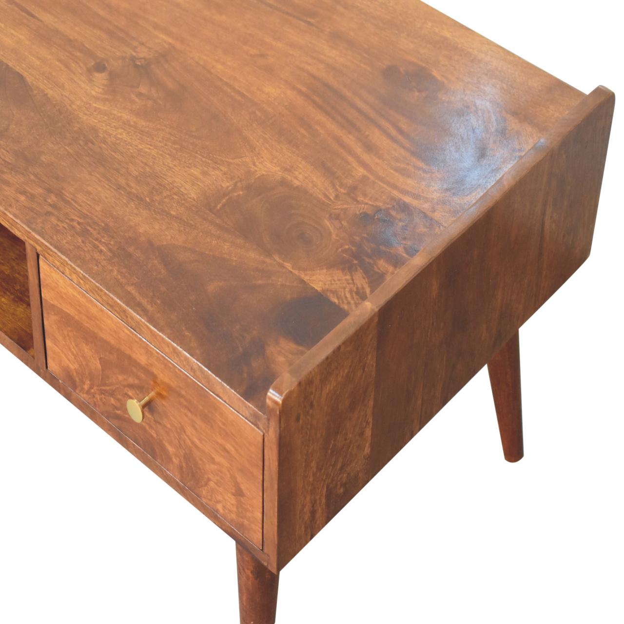 Media Unit, Elevated with 4 Drawers and Open Slot, Solid Wood Dark Brown