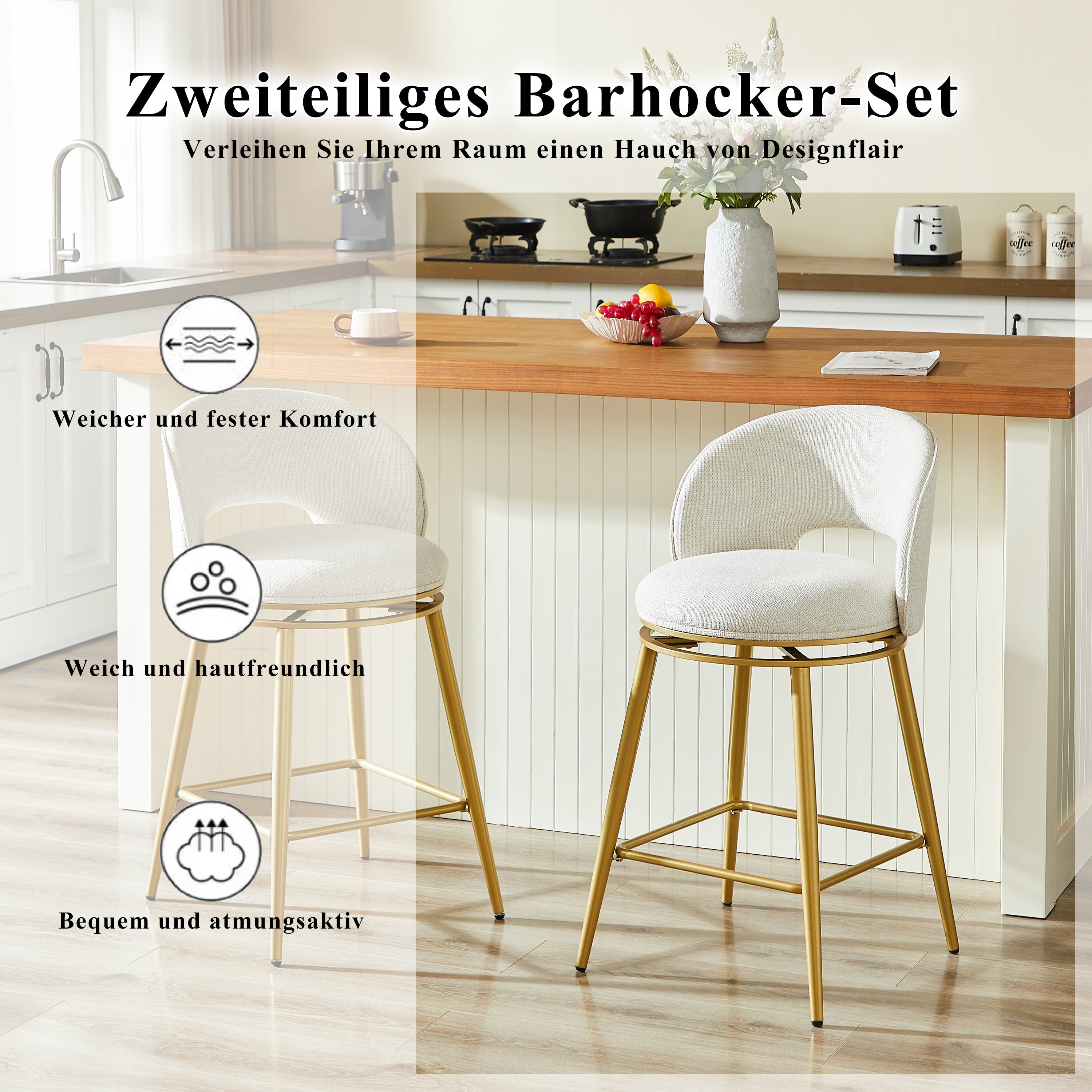 Chenille Swivel Bar Stools, Set of 2 with 360° Rotation and Cut-Out Backrest, Gold and White