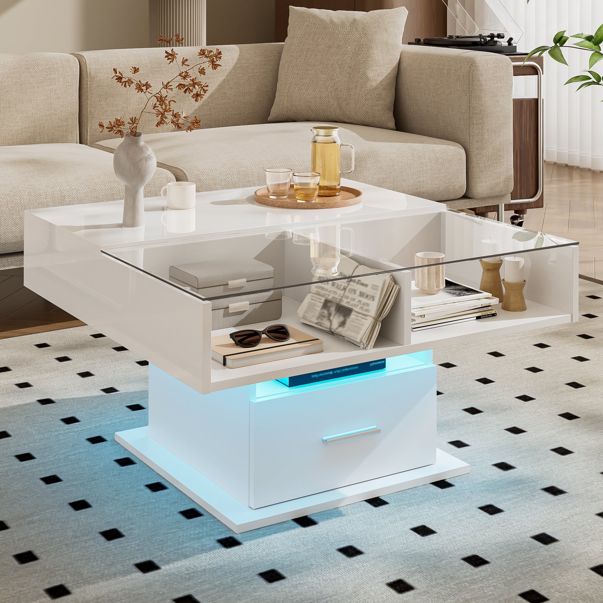 Multifunctional high-gloss lift coffee table with LED lighting, adjustable height & flexible storage space, modern design