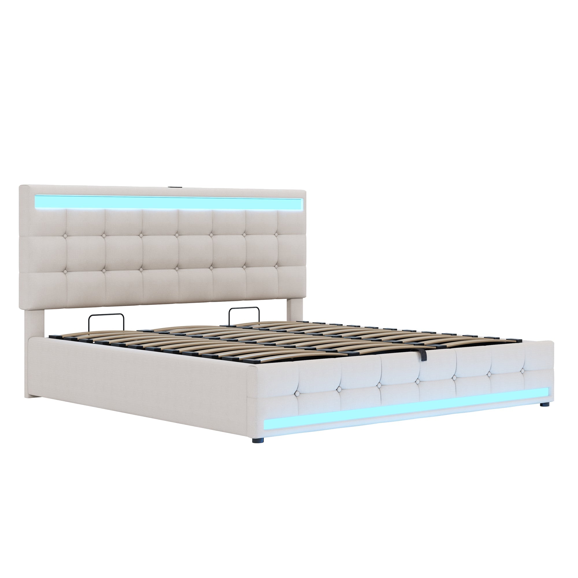 Upholstered Bed, Hydraulic Storage with USB & LED Light Strip, Beige Linen