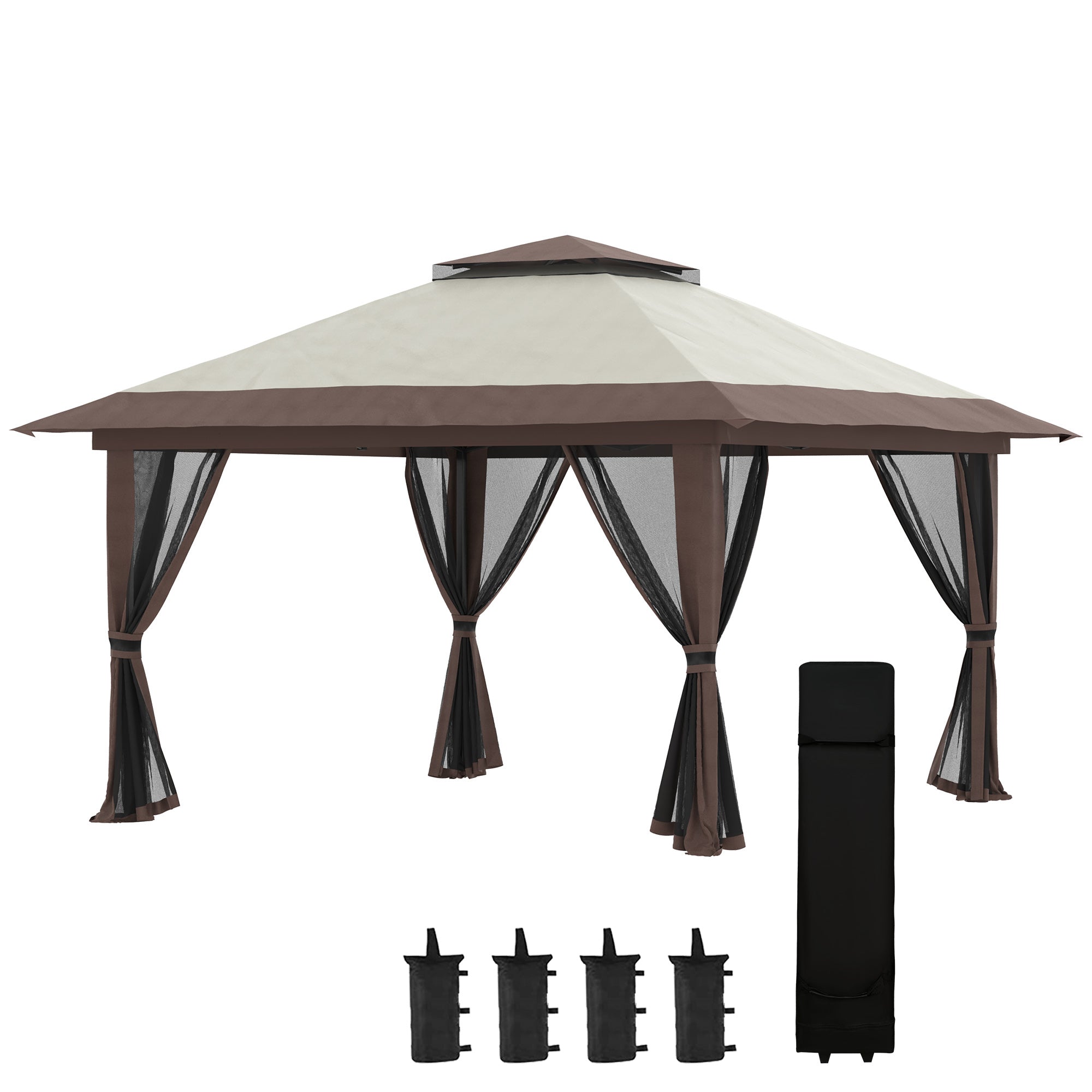 Folding Gazebo 4x4m Height Adjustable UV Protection Net Curtains Double Roof, Beige