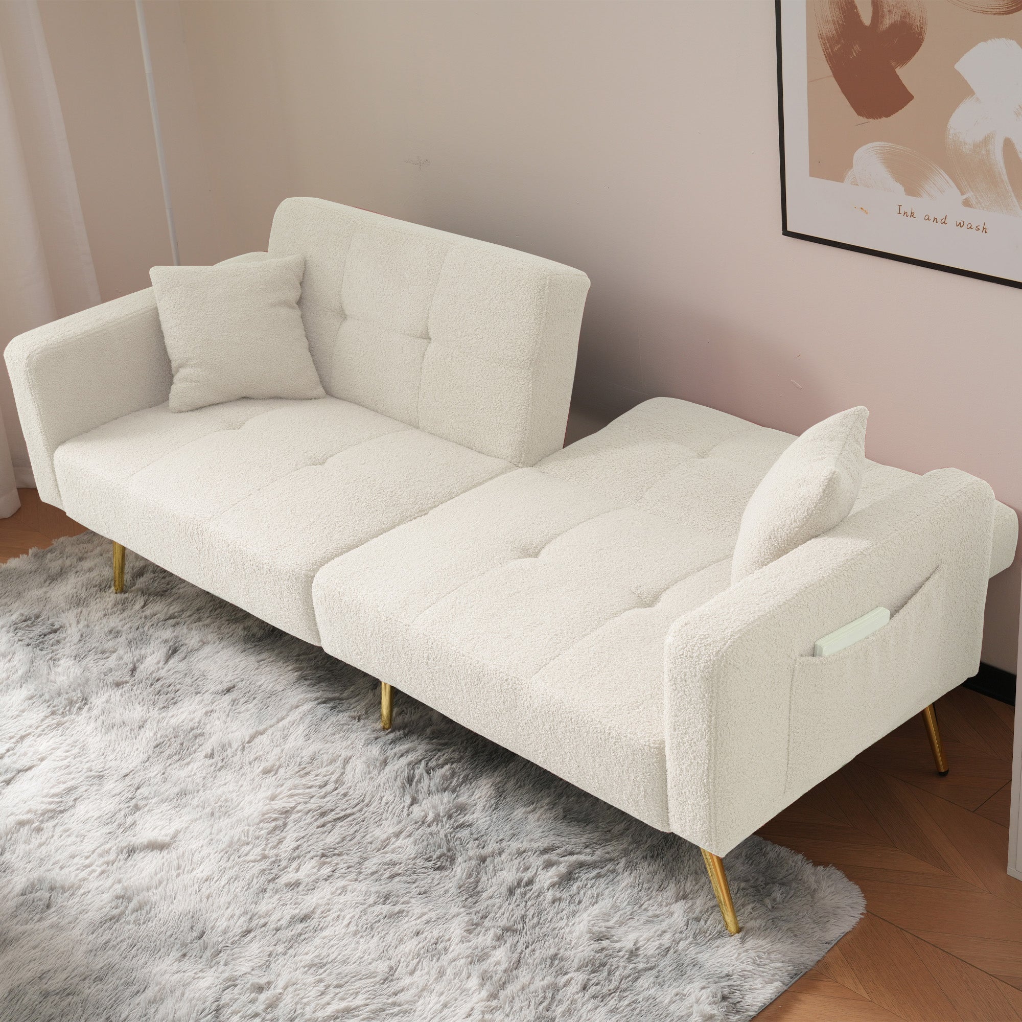 Sofa Bed, 3-Angle Adjustable Back, Gold Legs & Storage Pockets, Sherpa Fabric