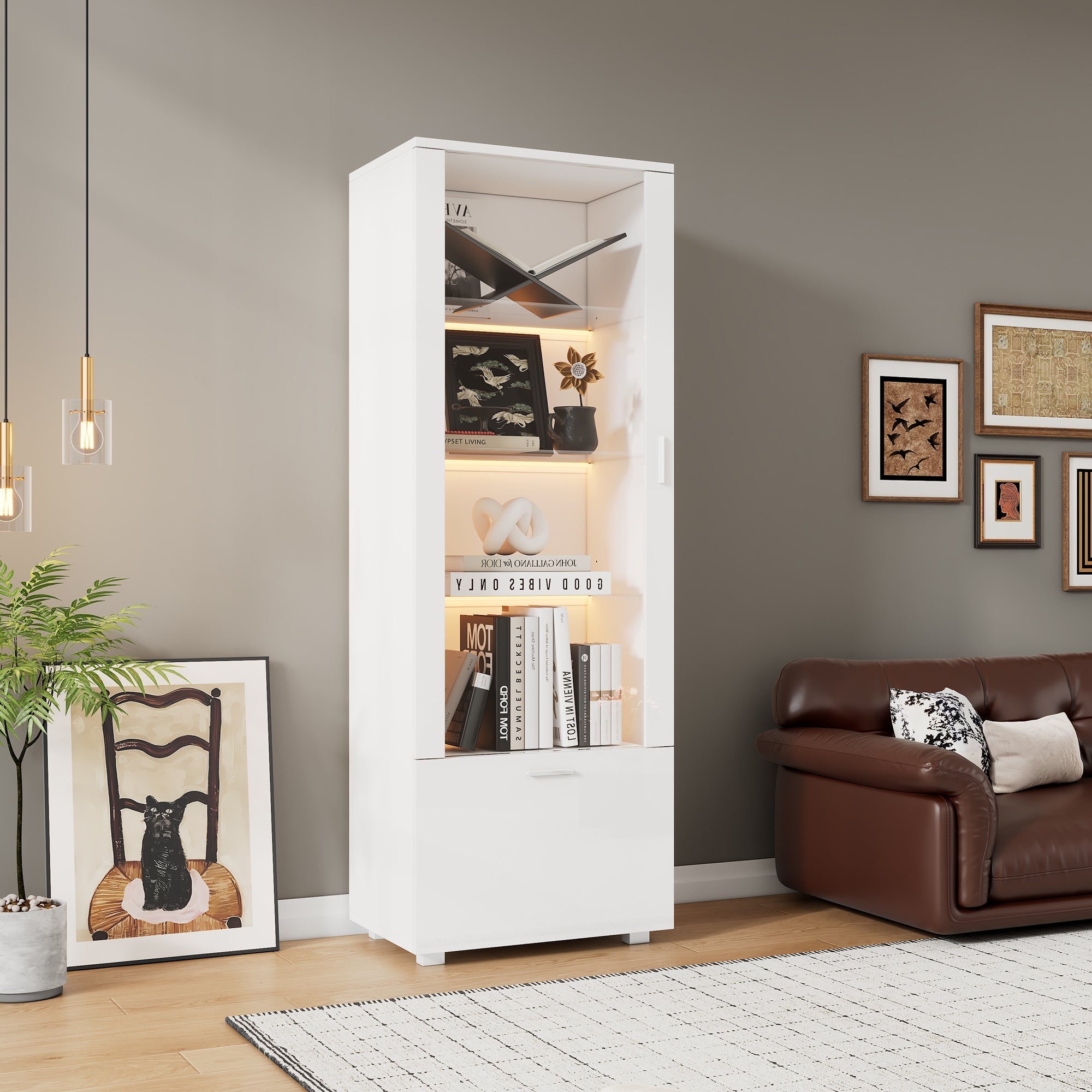 Display Cabinet with LED Lighting and Acrylic Doors, White High Gloss