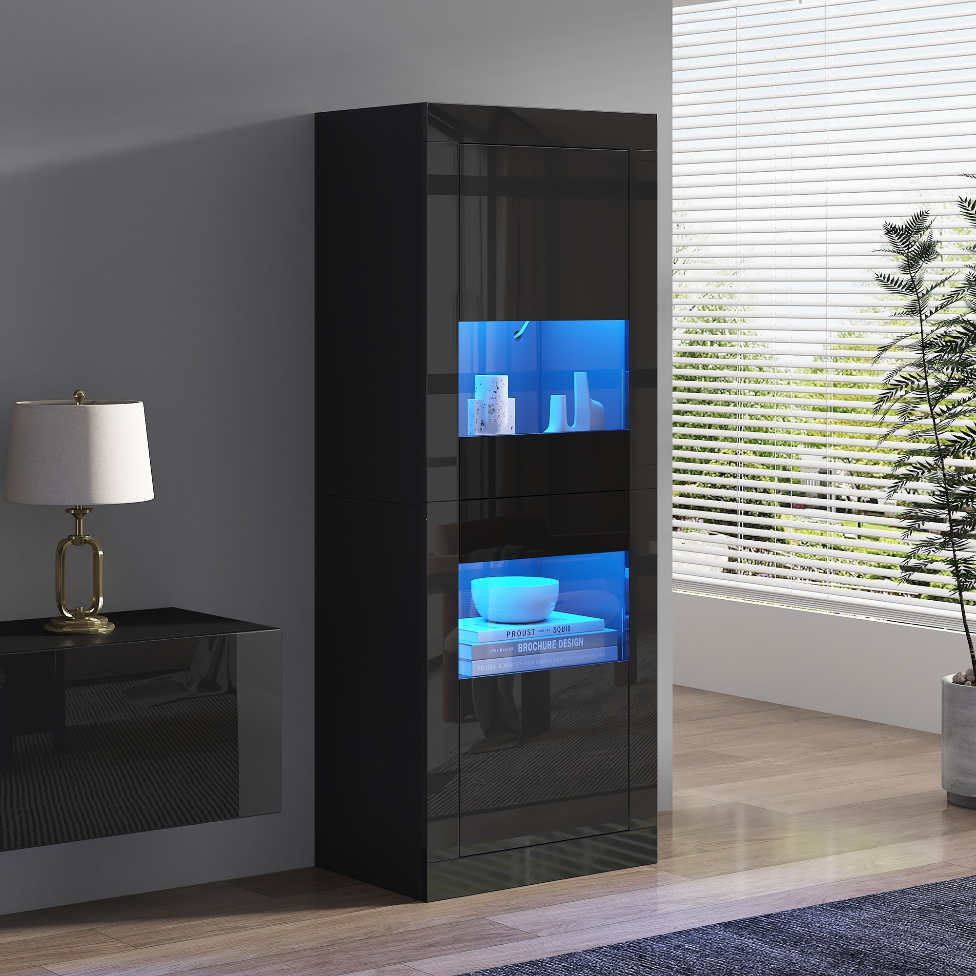 Display Cabinet with LED Lighting and Glass Shelf, High-Gloss Black