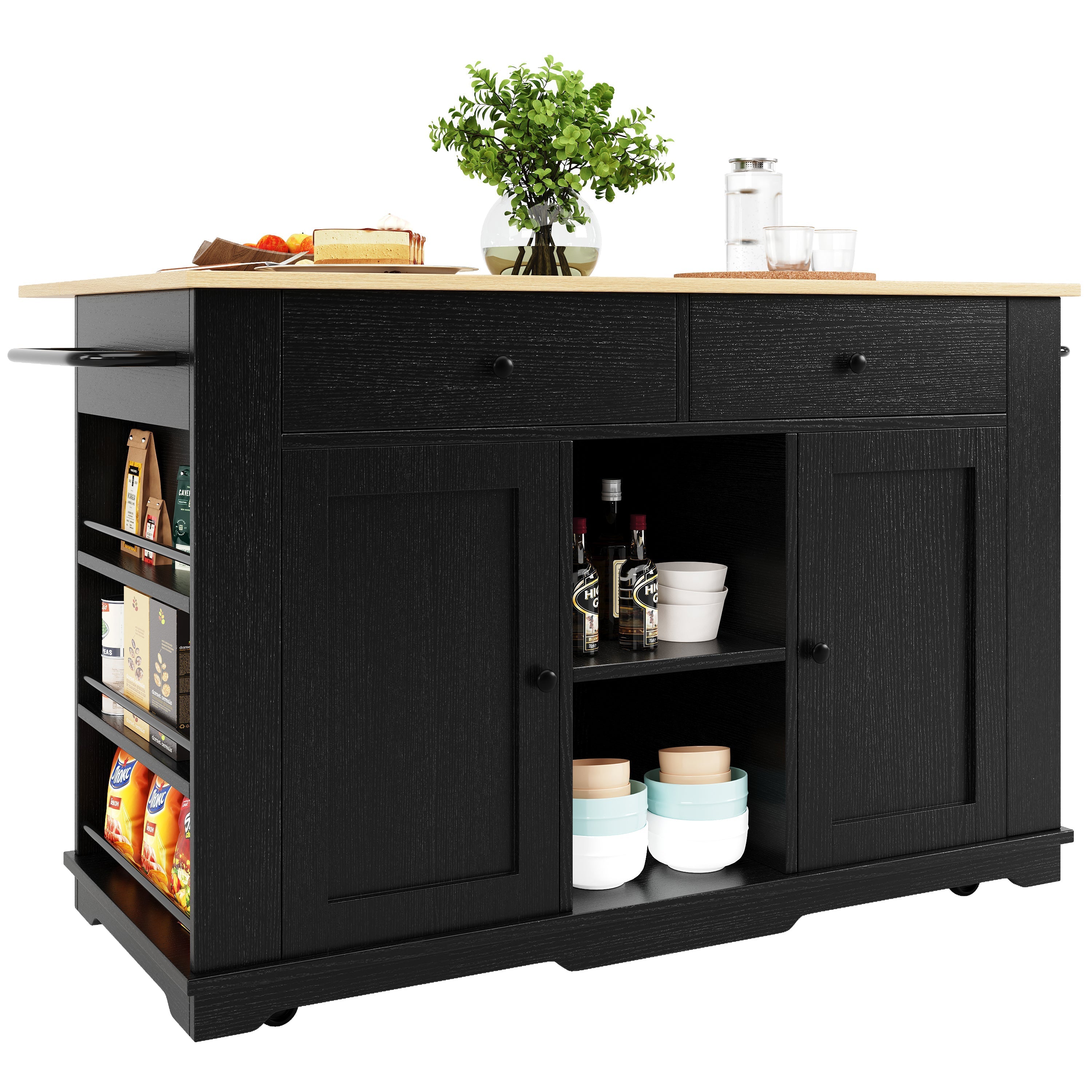 Kitchen Island Trolley Worktop Power Strip Wood Grain Storage - Black