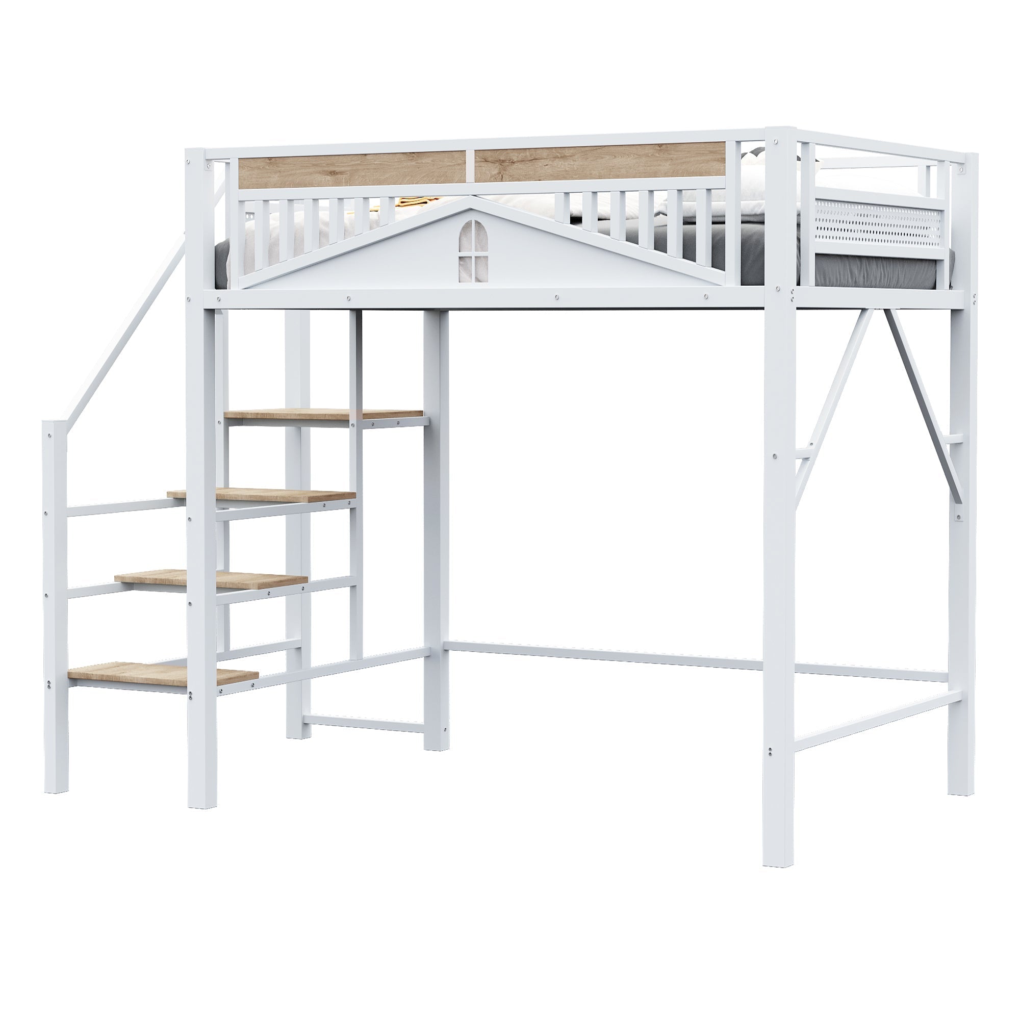 Metal Loft Bed, 140x200cm with Window Design, Safety Ladder, Storage, White