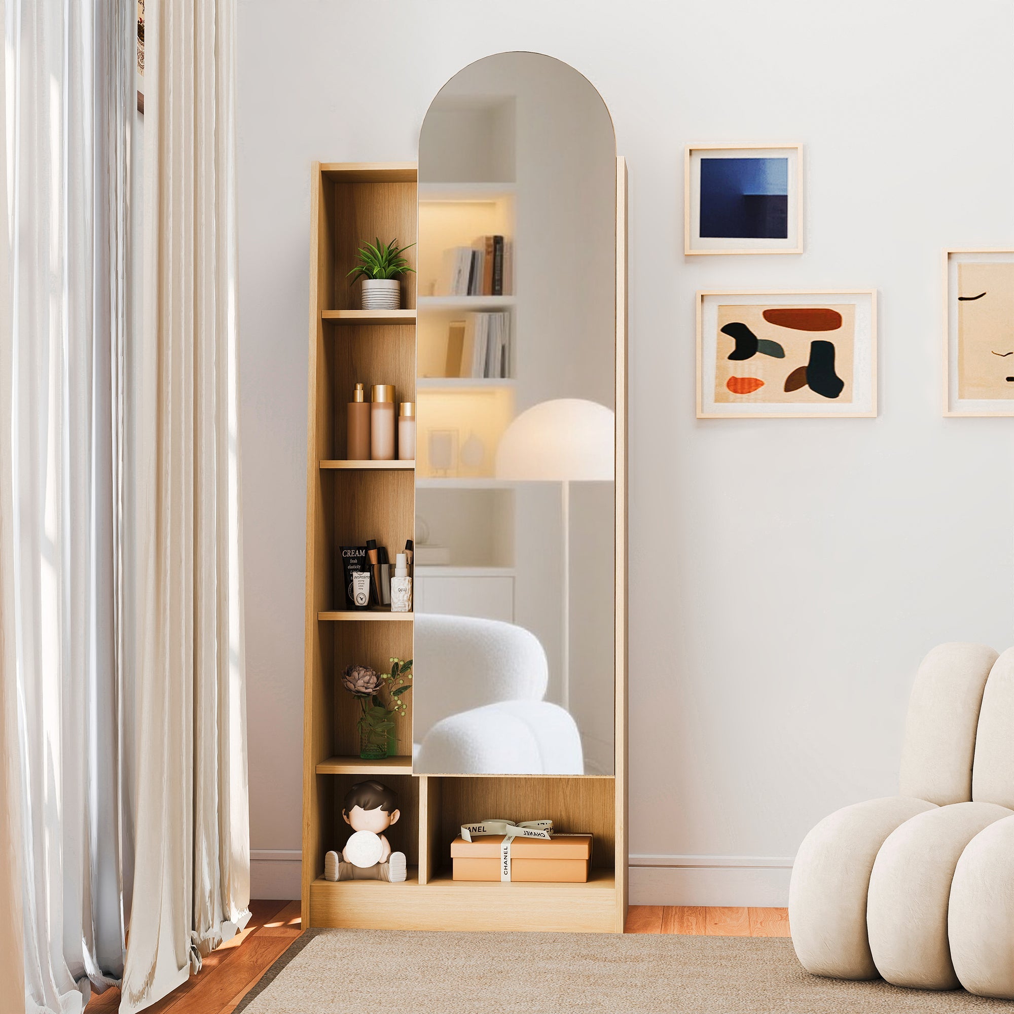 Tall Storage Cabinet Mirrored Door Adjustable Shelves 165x60x28cm - Natural Wood Look