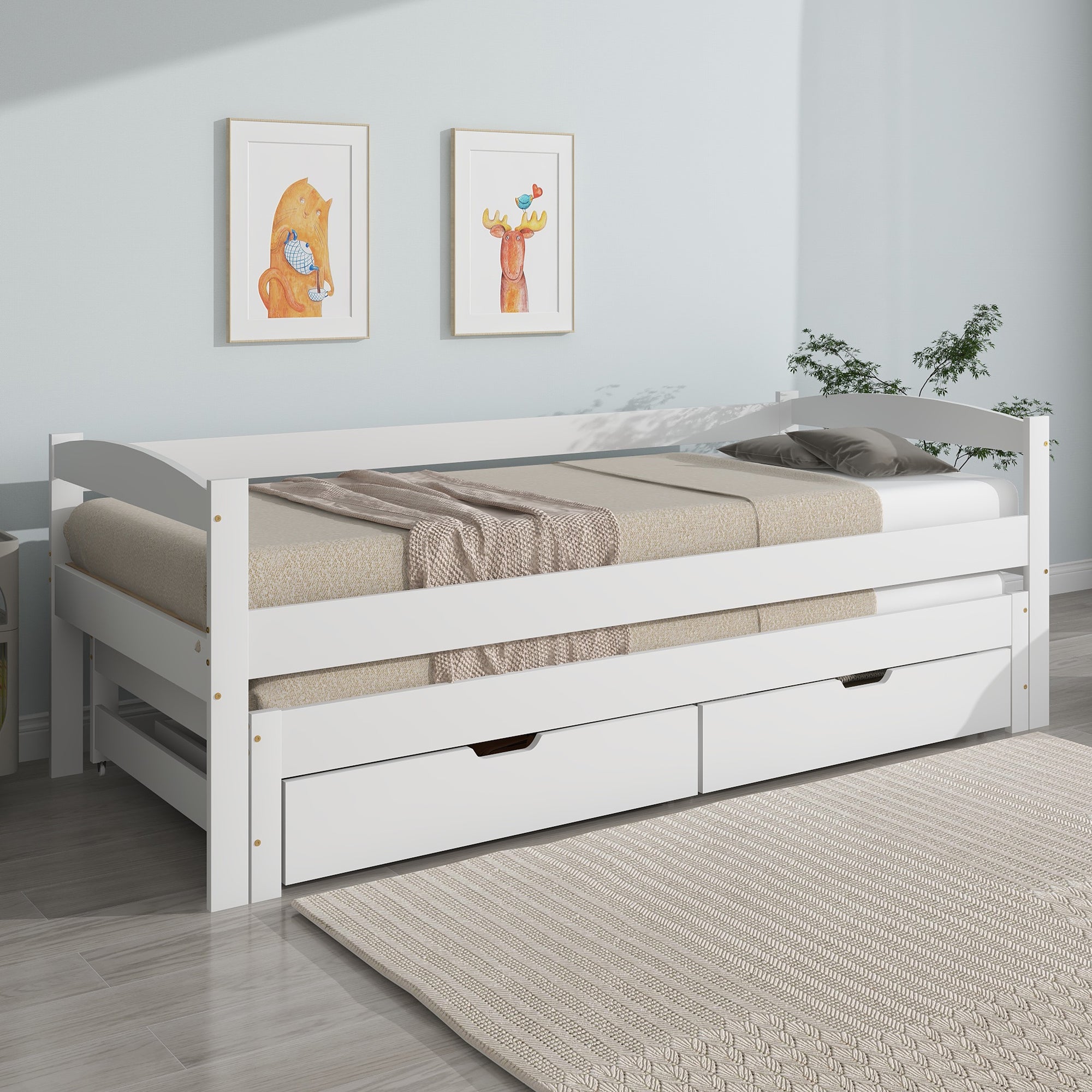Daybed Single/Double Sliding Bed with 2 MDF Drawers, Solid Wood Frame, White