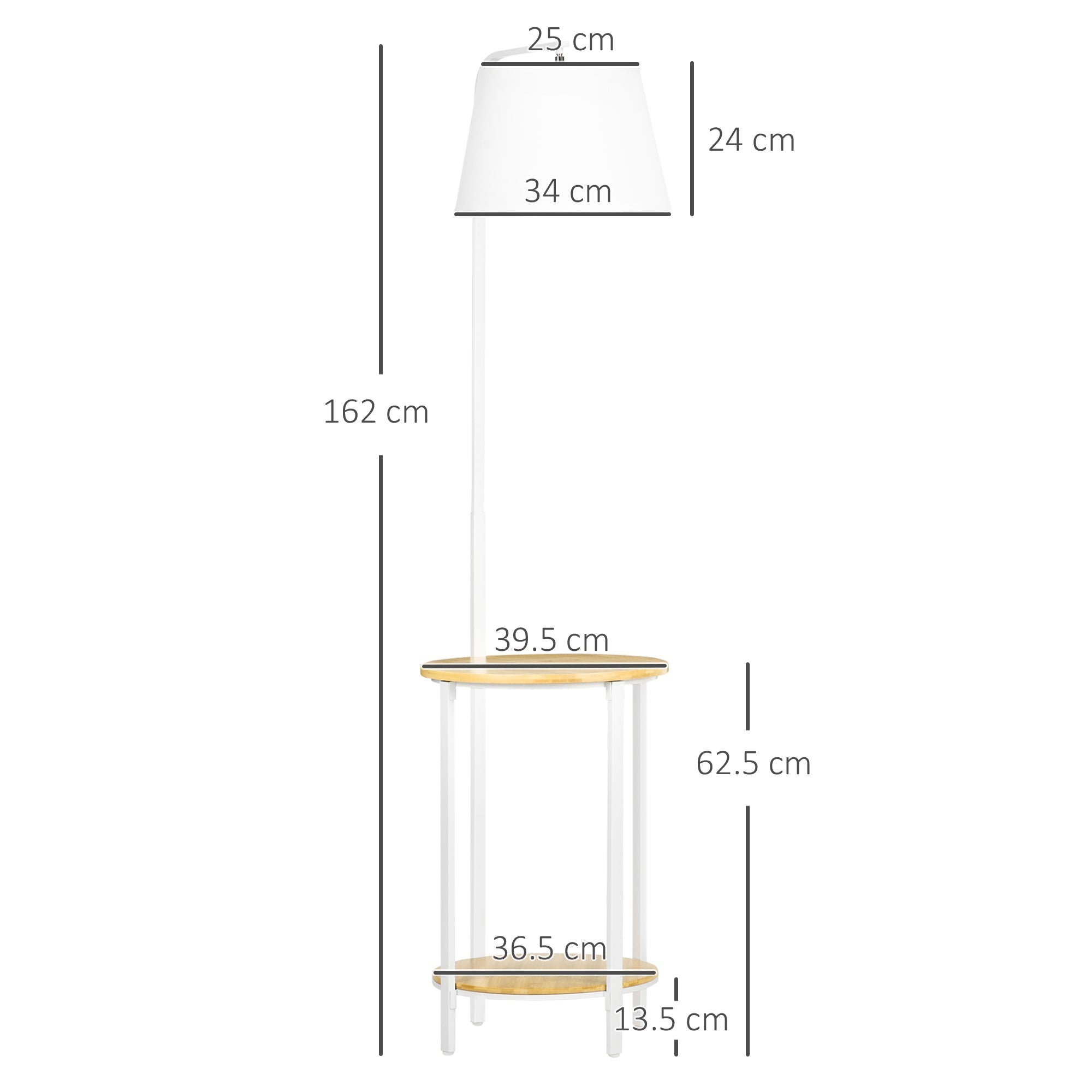 Floor Lamp 162cm Standing with 2 Shelves Linen Lampshade, White Metal