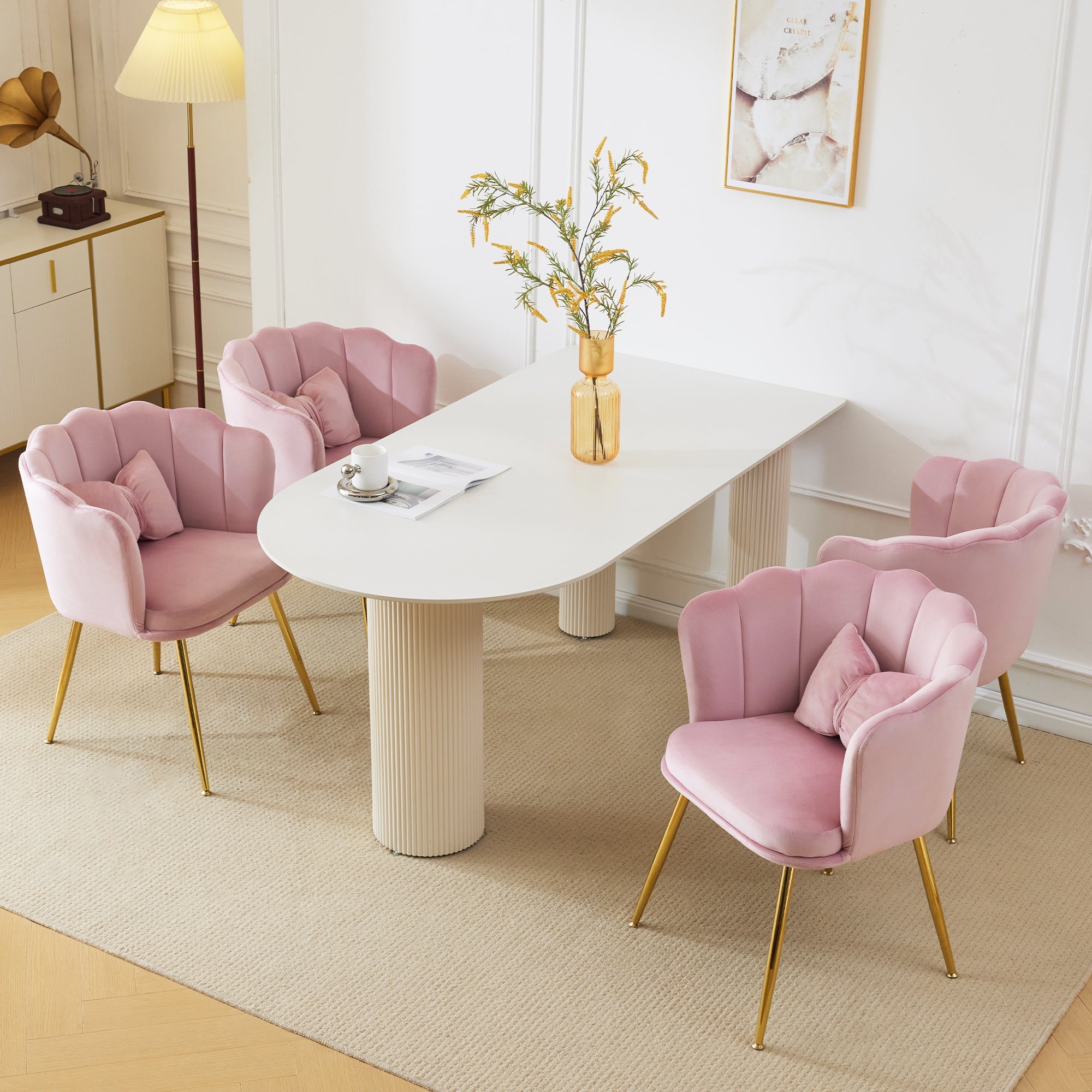 Velvet Chairs, Set of 4 Modern Upholstered with Petal Back & Butterfly Cushion, Gold Metal Legs