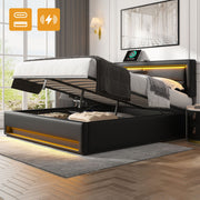 Upholstered Bed with USB Port, LED Lighting and Storage, 140x190cm, Black PU Leather
