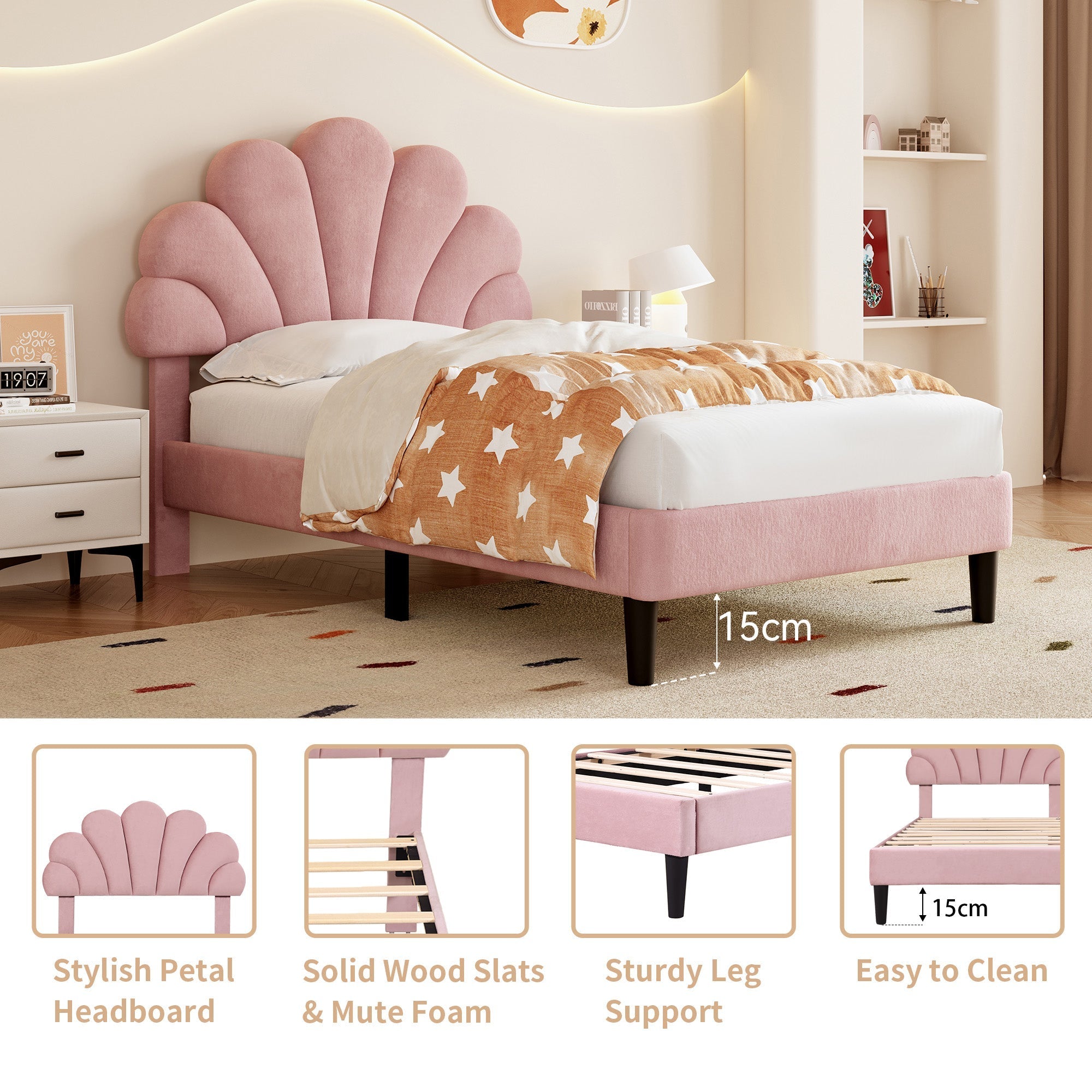 3ft Single Upholstered Velvet Bed Frame, Adjustable Chic Petal Headboard, Pink