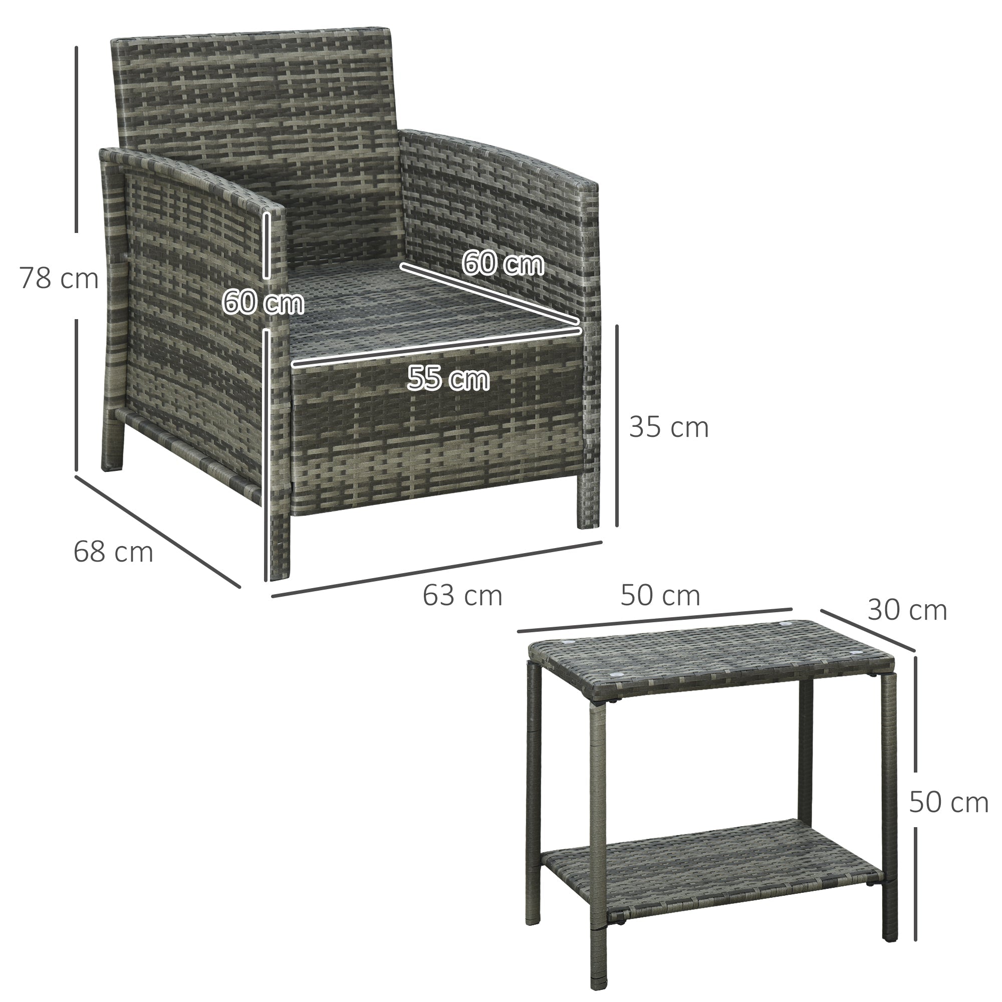 3 Pieces Rattan Bistro Set, Wicker Garden Furniture with 2-Tier Glass Top Table, Grey