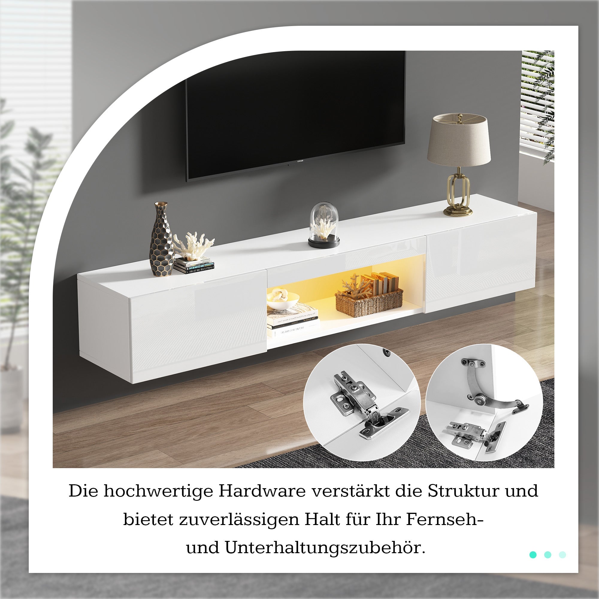 Wall Cabinet, 160x31x22cm for 70-inch TV, 30kg load, LED lighting, Bluetooth APP, high-gloss white