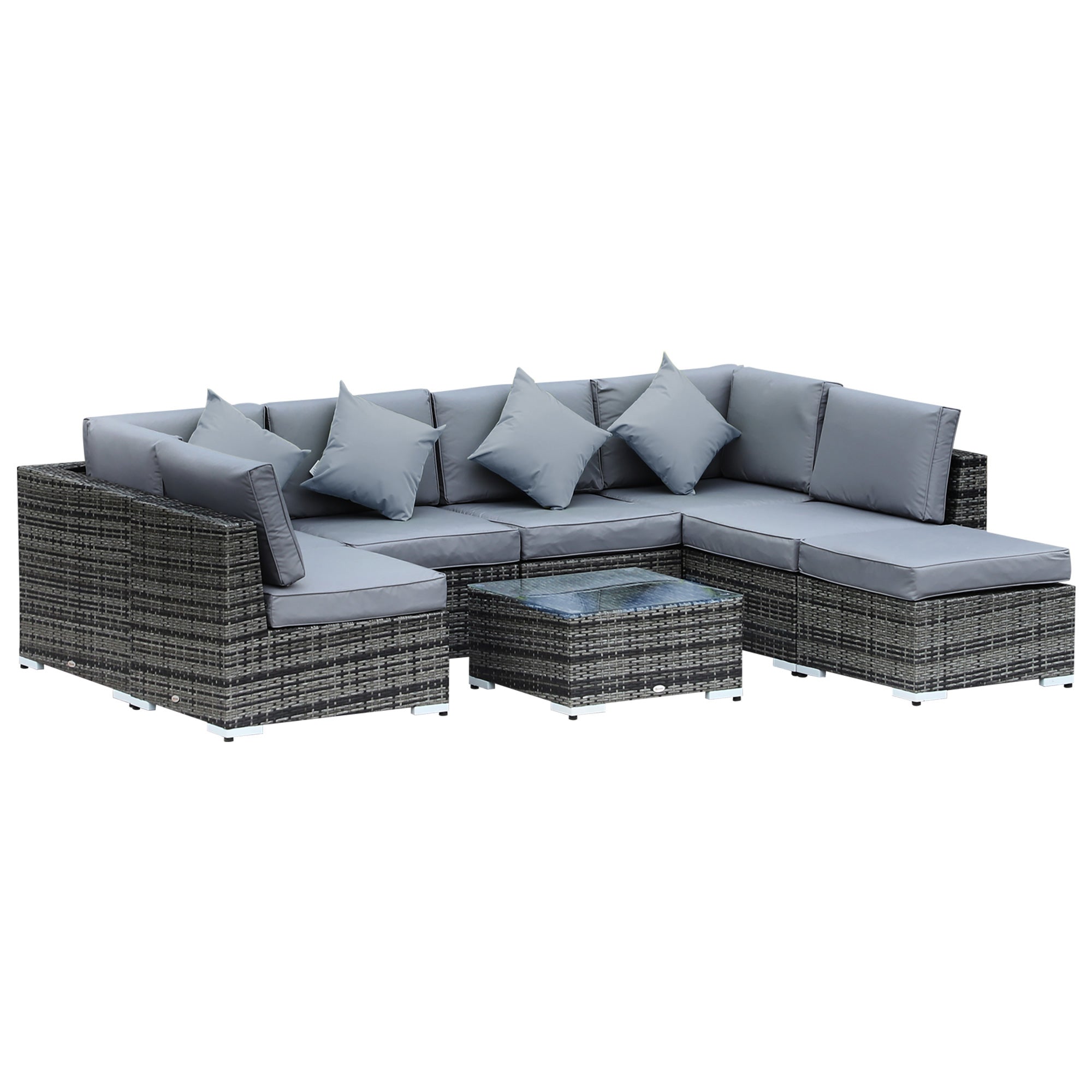 8 Pieces PE Rattan Corner Sofa Set Thick Cushions Glass Top Table, Aluminium Grey