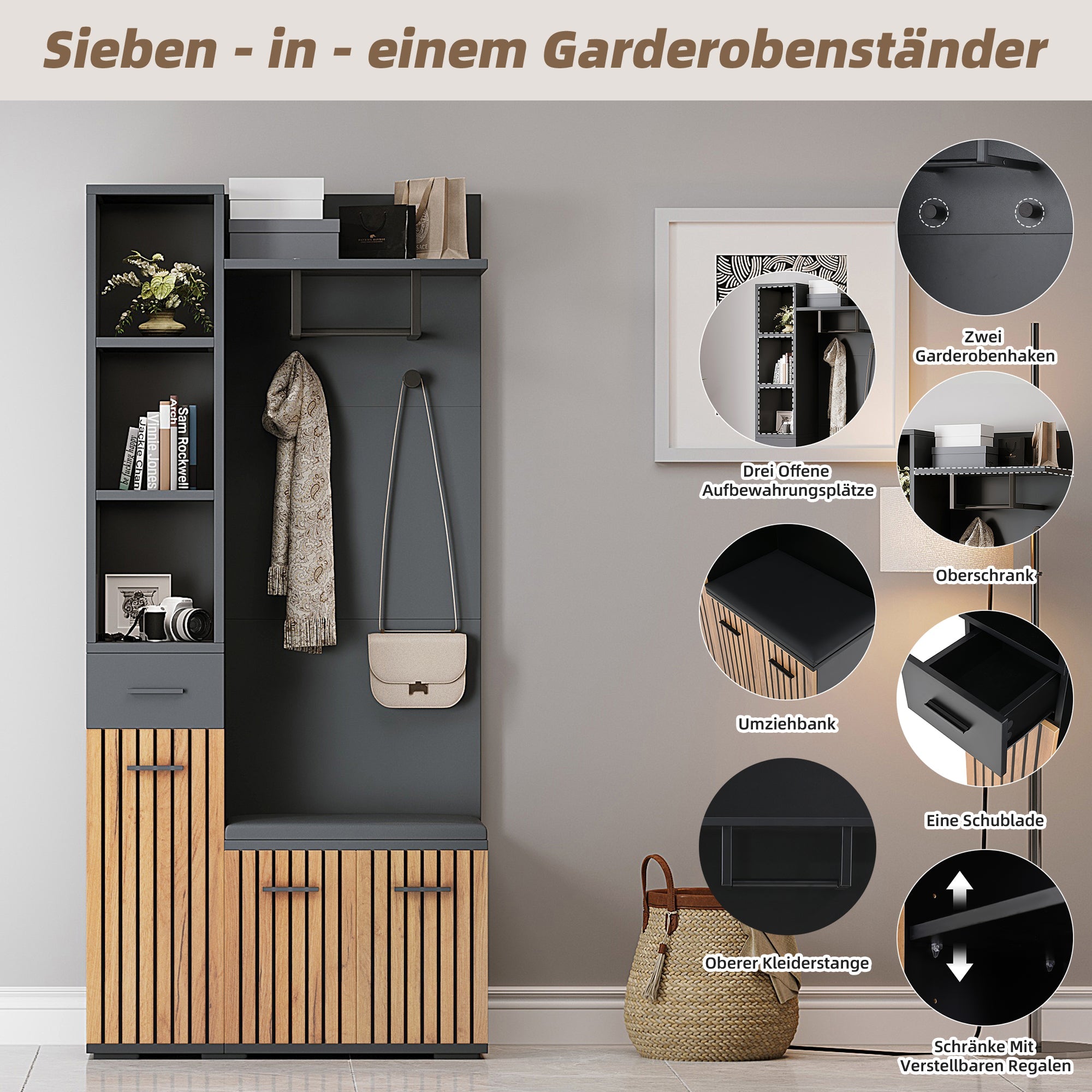 Compact Wardrobe 80*35*175cm 2 Cabinets Coat Rack Shoe Bench Upholstered, Black + Wood Color