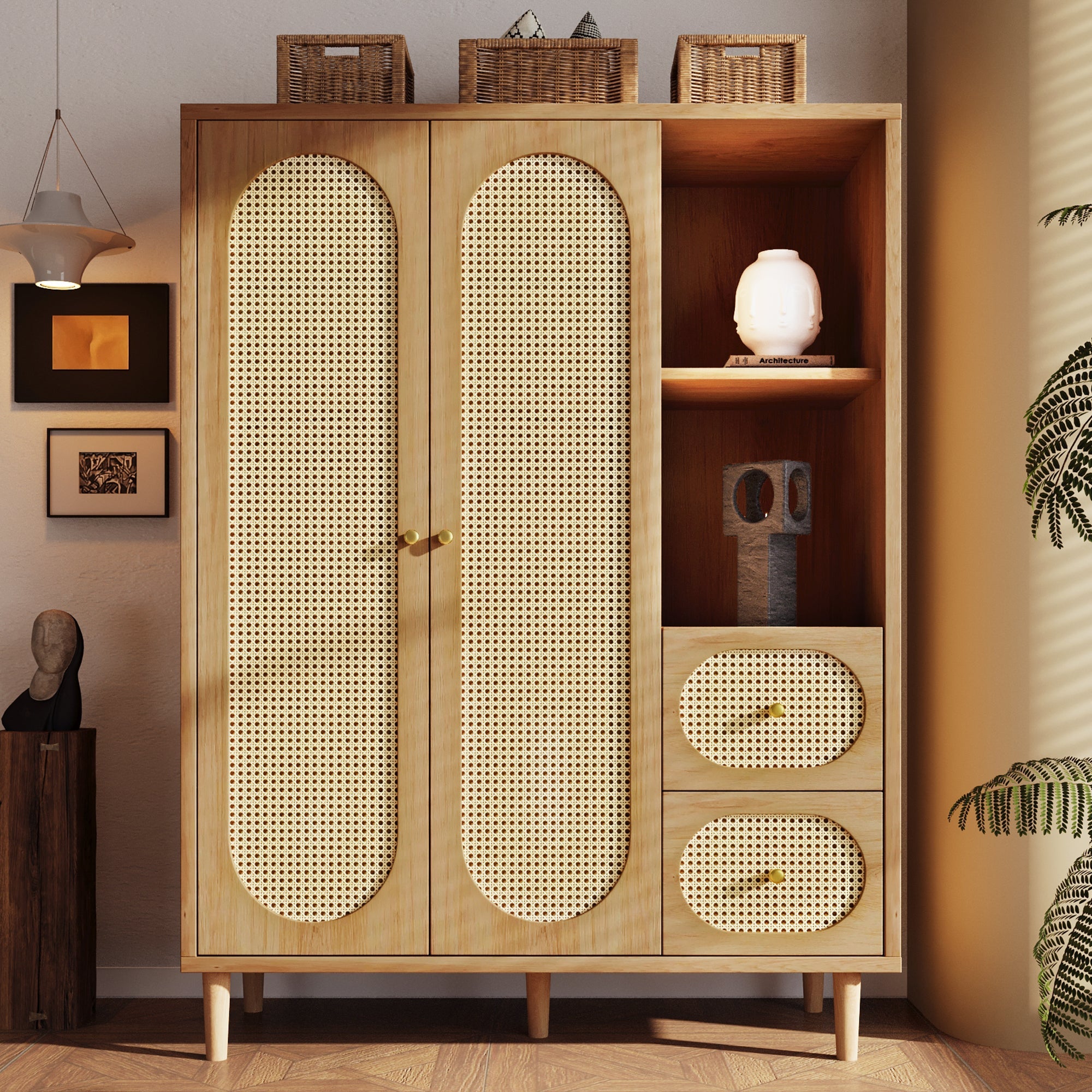 Country-Style Wardrobe with 2 Doors, 2 Drawers and Open Shelves, 161x120x44cm, Oak Wood