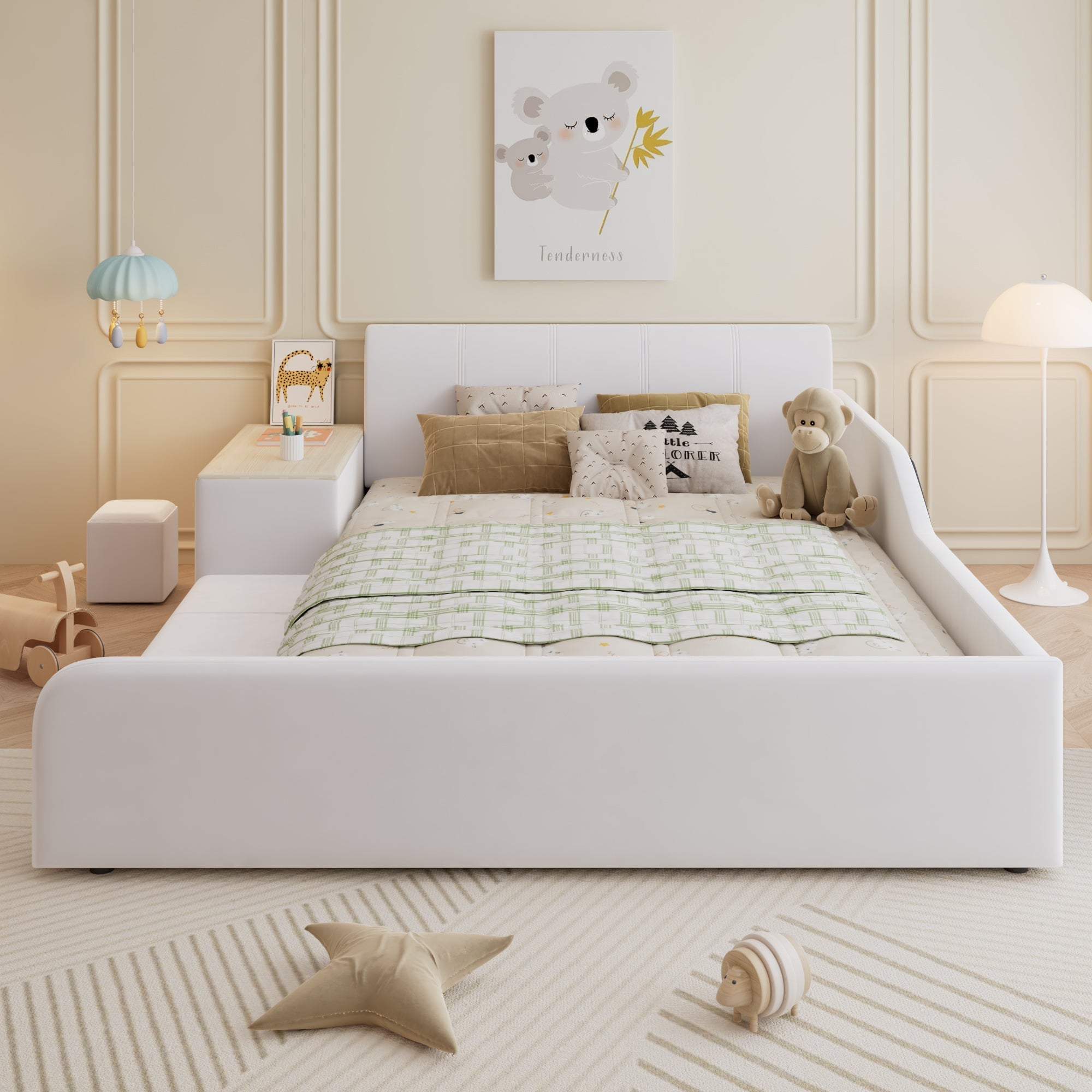 Upholstered Bed with Desk, Stool and Storage Shelf, 140x200cm, White Velvet