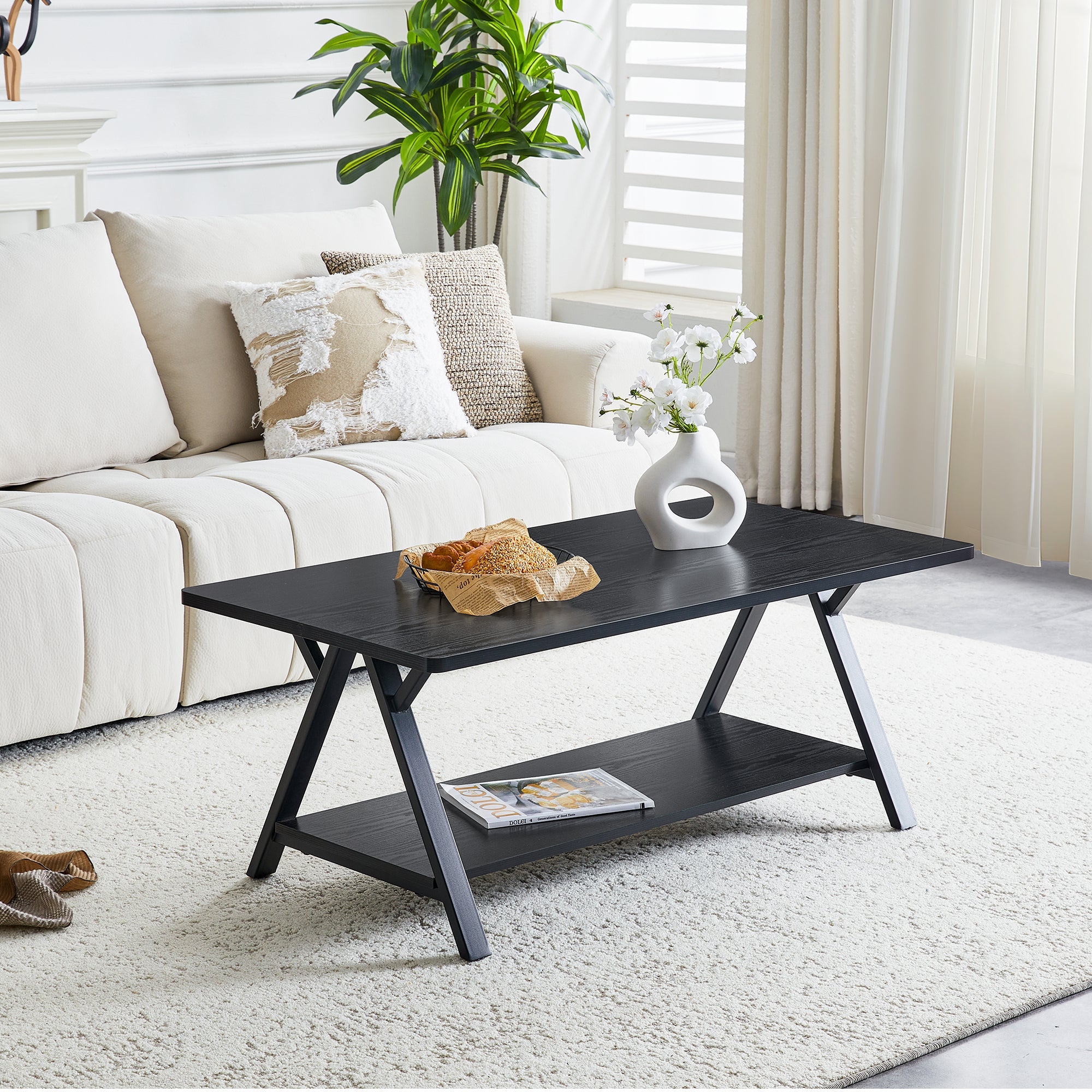 Modern Industrial Coffee Table with Storage Shelf and Metal Frame, 110x57x44.5cm, Black Wood Grain