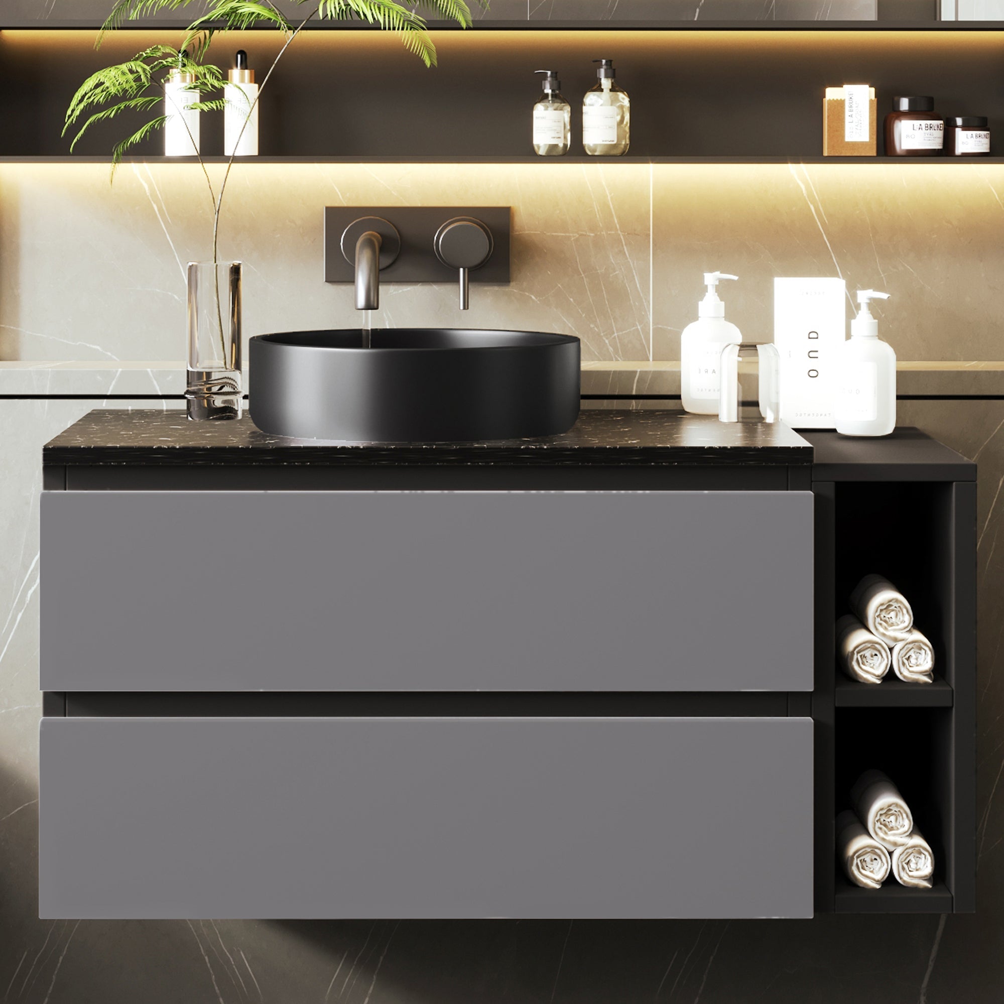 Wall-Mounted Vanity Unit 80cm Wide Ceramic Sink Drawers, Black/Grey