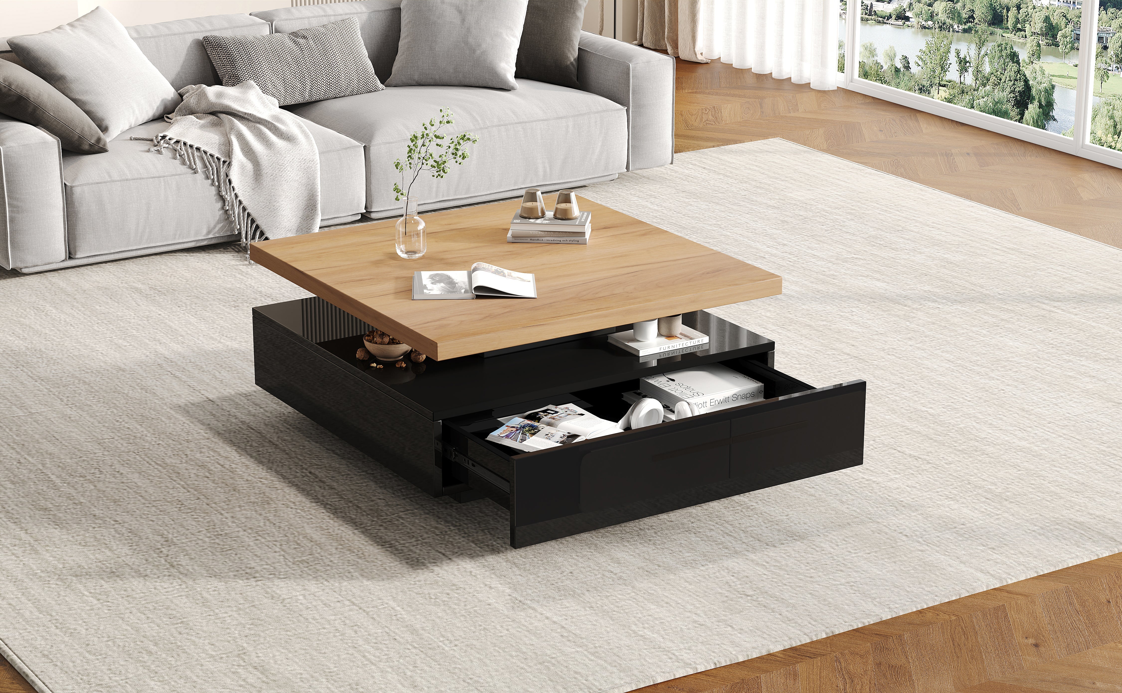Coffee Table Multifunctional 360° Swivel 2-Tier Storage - Natural/Black Chipboard