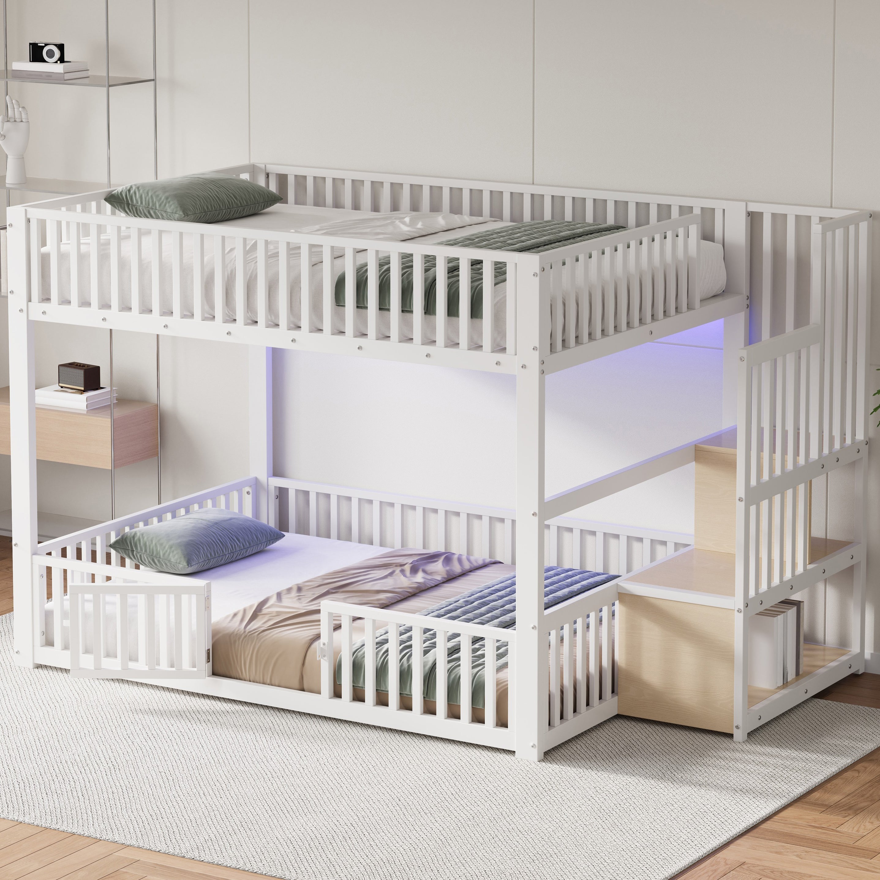 Bunk Bed with Storage Ladder and LED, 140x200cm, White