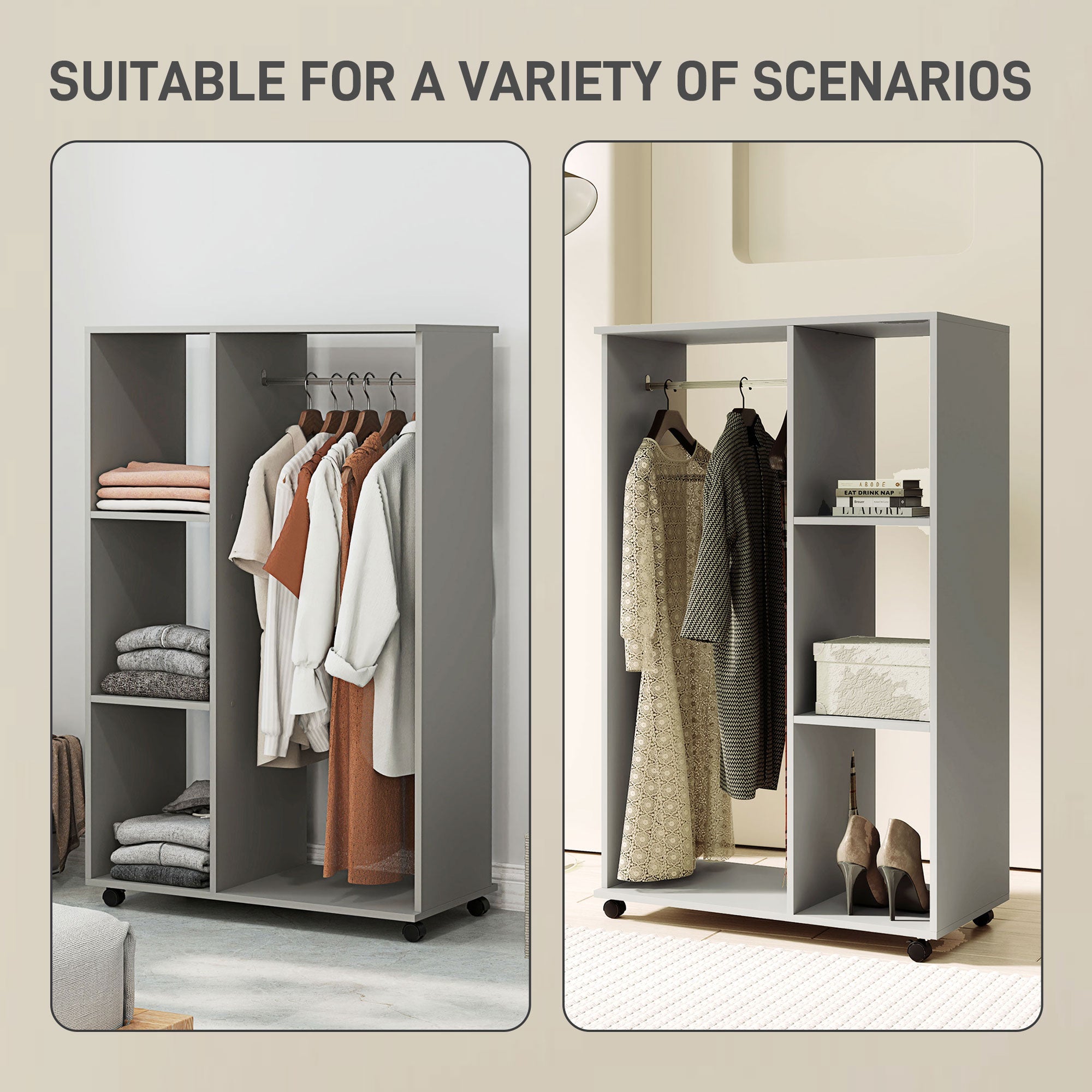 Open Wardrobe on Wheels, Clothes Hanging Rail, 3 Storage Shelves - Grey