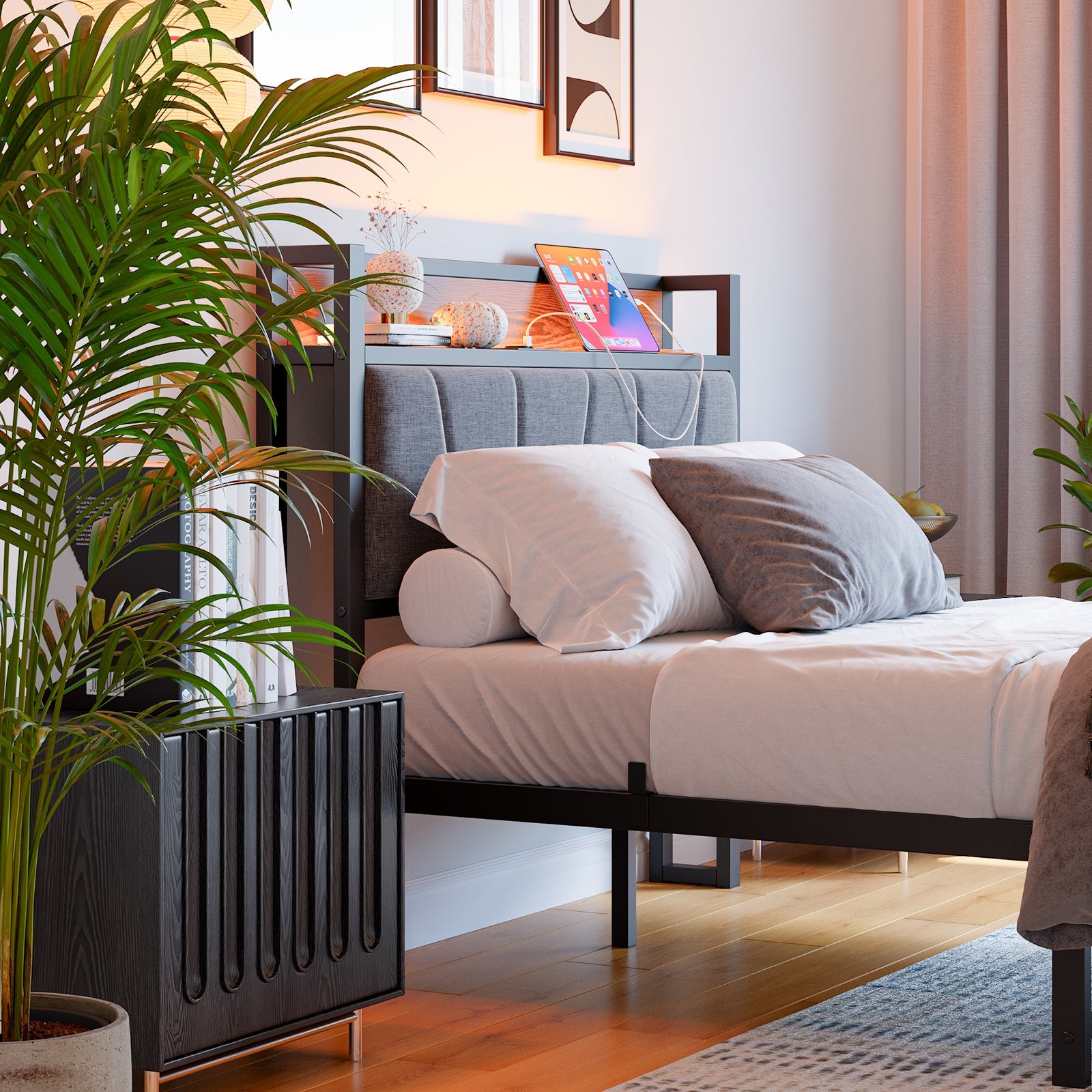 Bed Frame 120x200cm Smart LED USB Memory Headboard - Metal Slatted