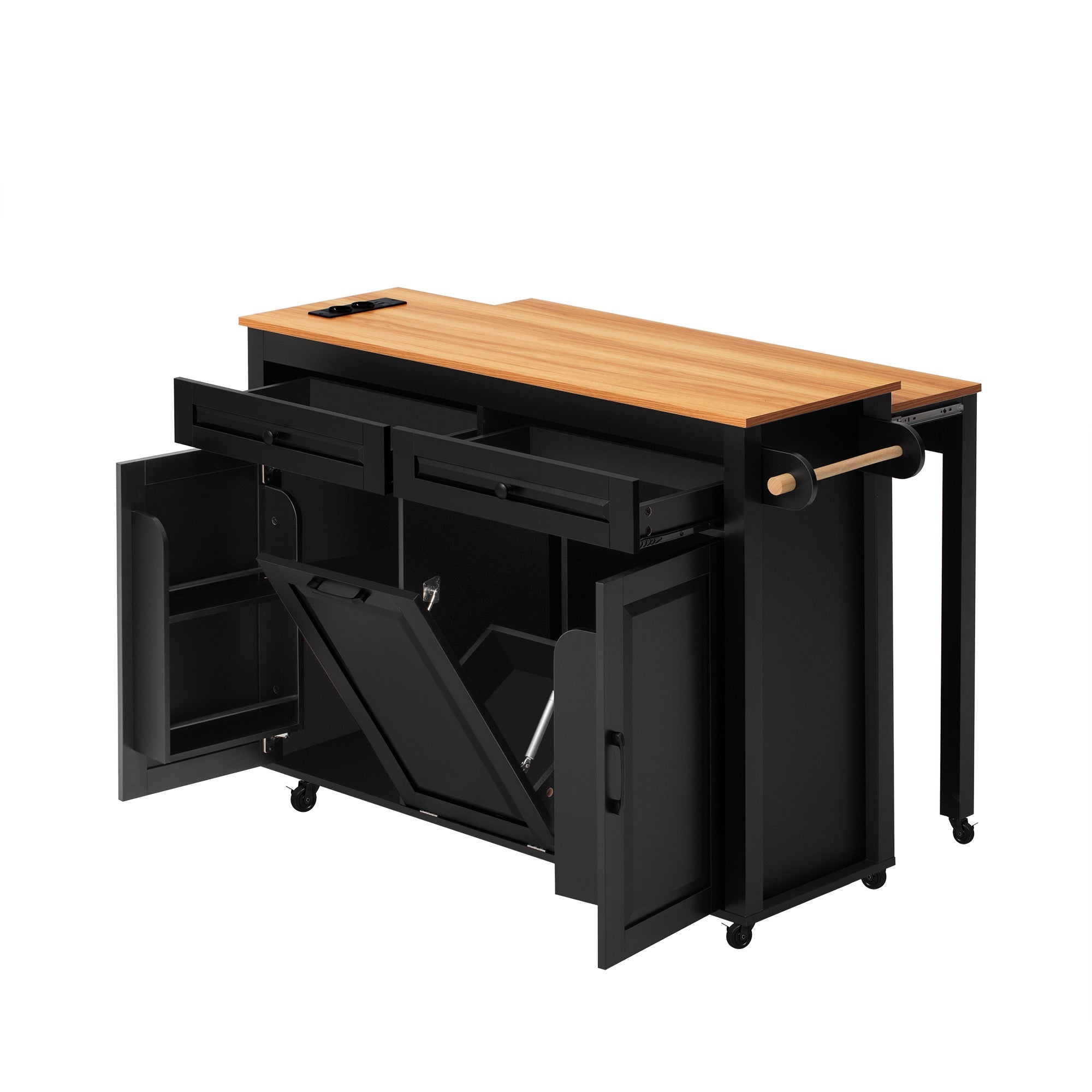 Kitchen Island Mobile Extendable Dining Worktop Waste Bin Power Strips - Black