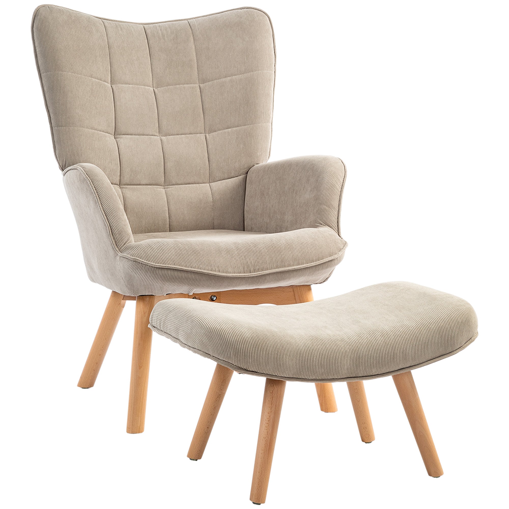 Ohrensessel mit Fußhocker, Polsterstuhl Beige Cord