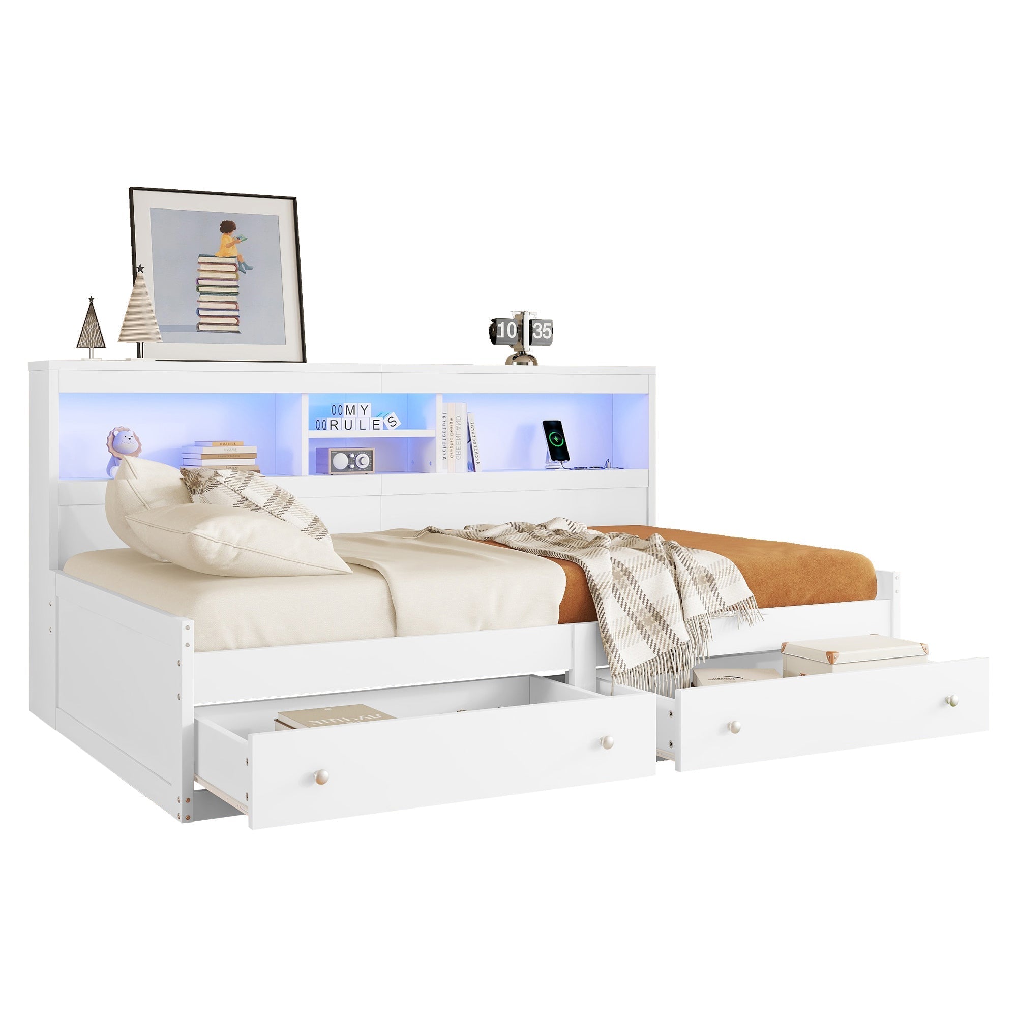 Daybed Sofa Bed 90x200cm Storage Drawers LED USB Charging - White Chipboard
