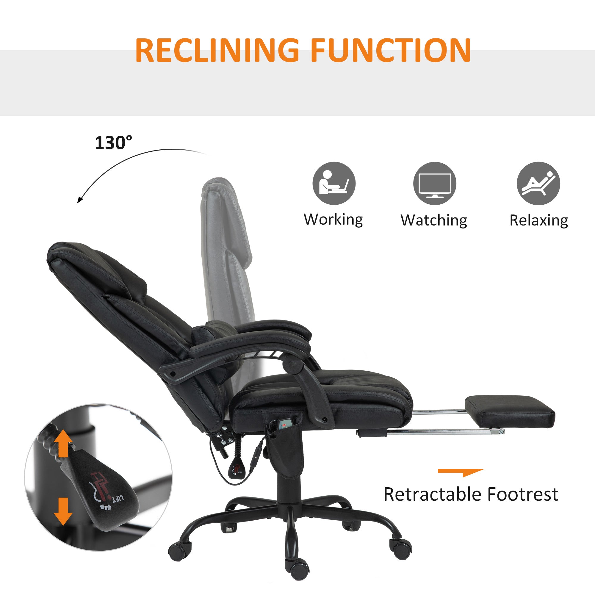 Office Chair, 6-Point Massage Adjustable Height Footrest, PU Leather Black