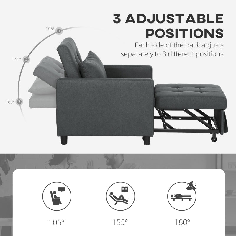 3-In-1 Chair Bed, Convertible Sleeper with Adjustable Backrest, Pillow and Footrest, Dark Grey