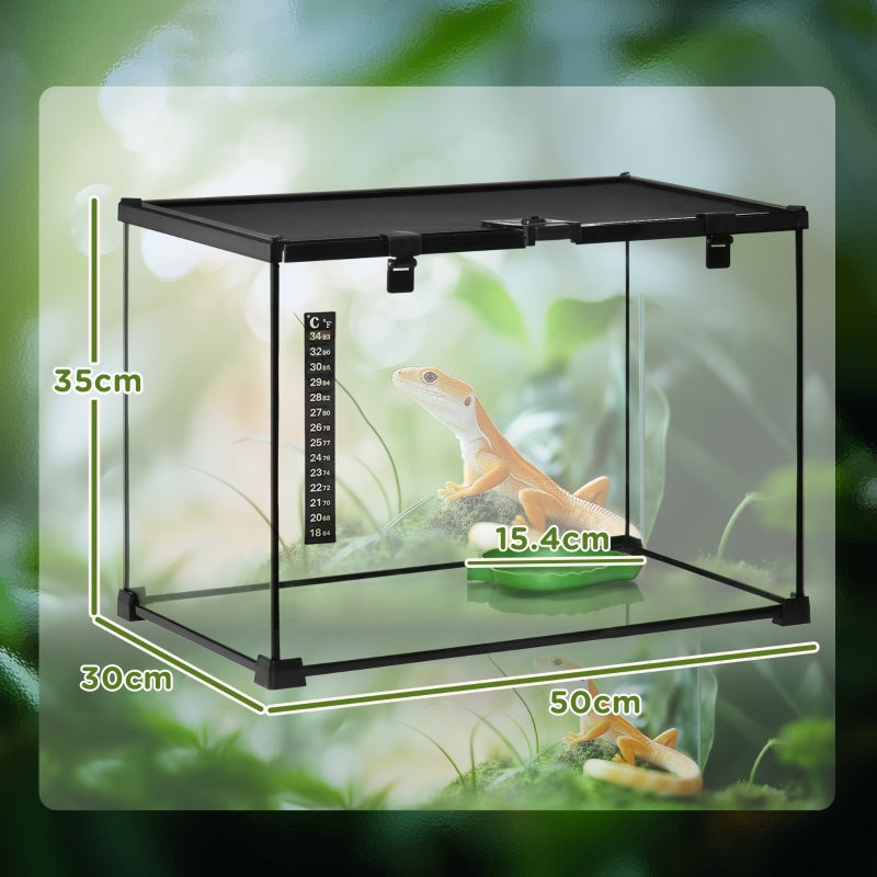 Glass Reptile Terrarium Vivarium Habitat with Thermometer, Large 50x30x35cm